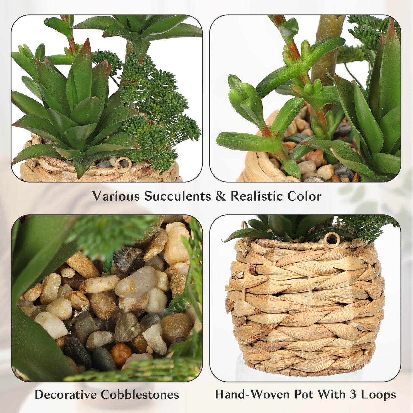 10" Large Succulents Plants Artificial in Wooden Pots, Fake Succulents in Woven Pots, Faux Succulent Artificial Plants Indoor for Home, Bedroom, Living Room, Bathroom Desk Shelf Table Decor