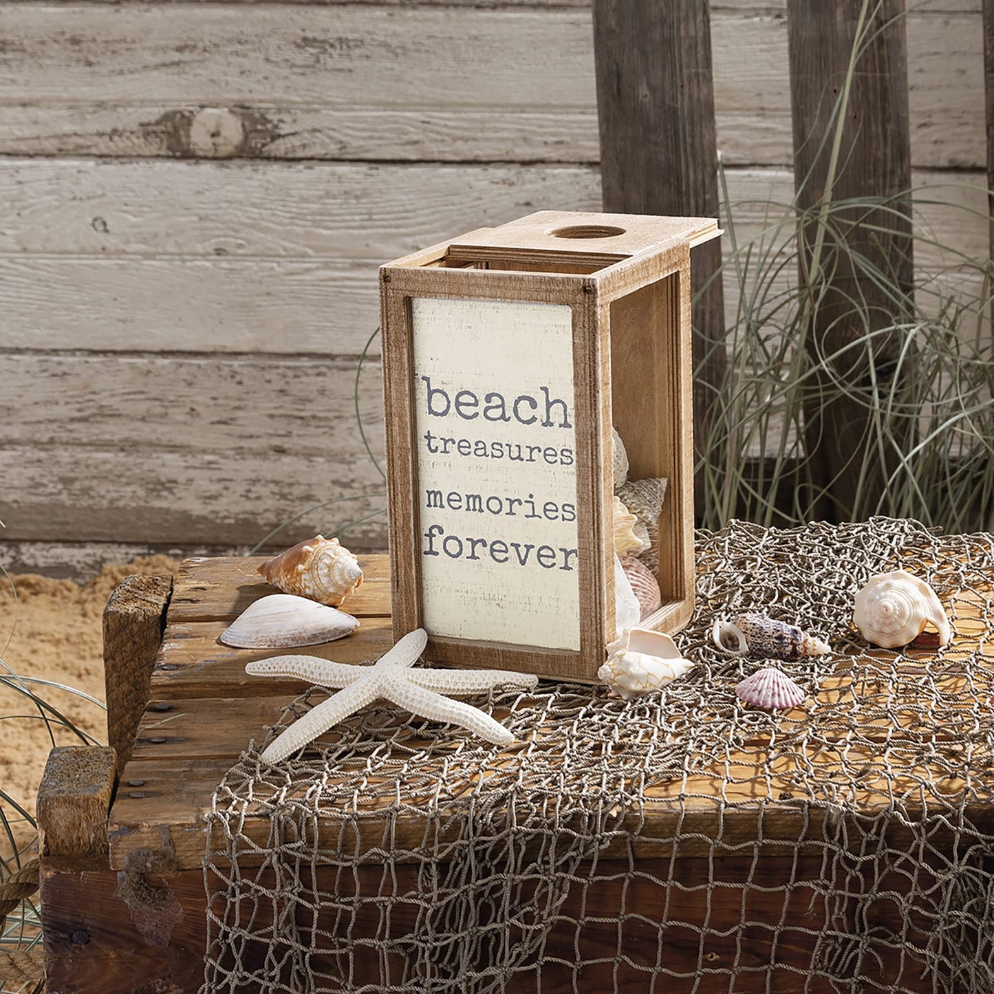 Primitives by Kathy Seashell Holder - Coastal Decor, Glass Display, Treasure Chest, Room and Bedroom Decor, Brown Wood