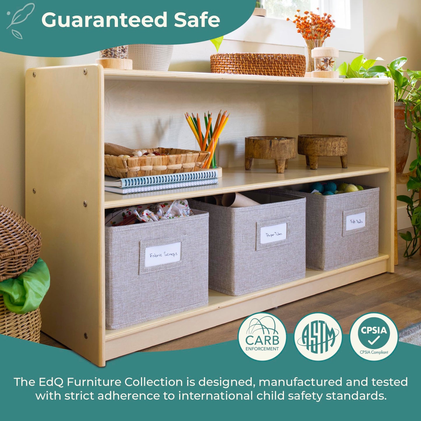 Guidecraft EdQ Two Shelf Open Storage 24'' Natural with 3 Fabric Bins: Wooden Multi-Purpose Bookcases and Toy Storage Organizer; Homeschool and Classroom Furniture