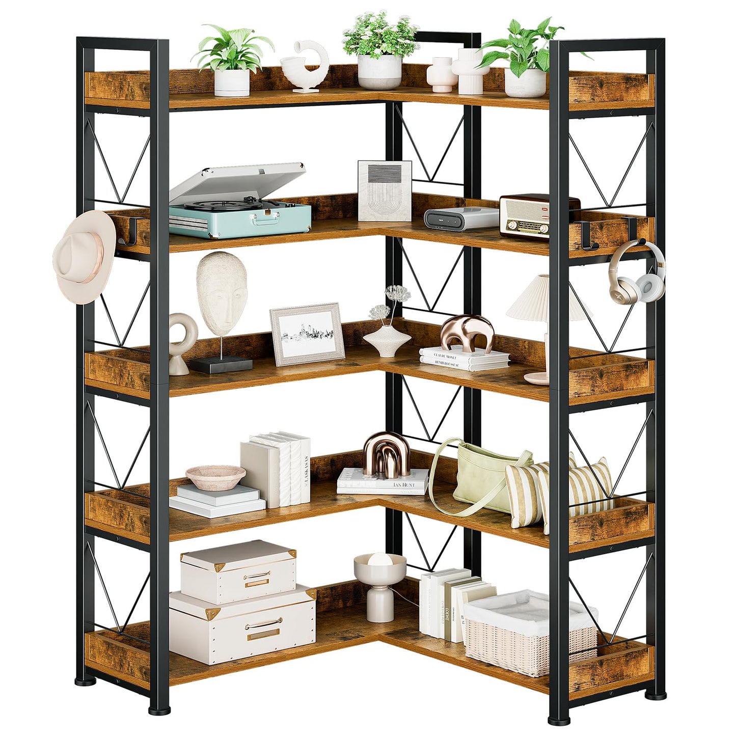 DUMOS 65 inch L Shaped Bookshelf, 5 Tier Corner Bookcase with Hooks and Edge, Industrial Pantry Shelves with Metal Frame, Wooden Open Storage for Living Room, Home Office, Bedroom, Rustic Brown