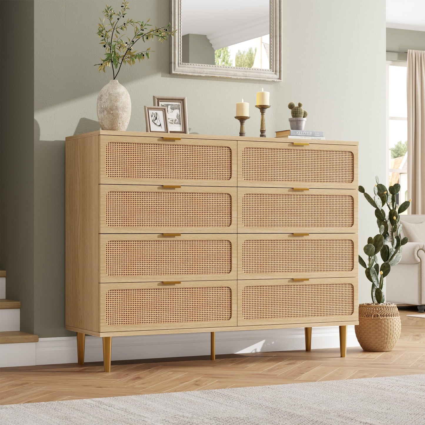 GarveeHome Rattan 8 Drawer Dressers for Bedroom, Tall Dresser with Deep Drawers, Large Chest of Drawers for Closet with Wide Top, Long Wooden Dresser for Living Room, Hallway, Kids Room, Natural