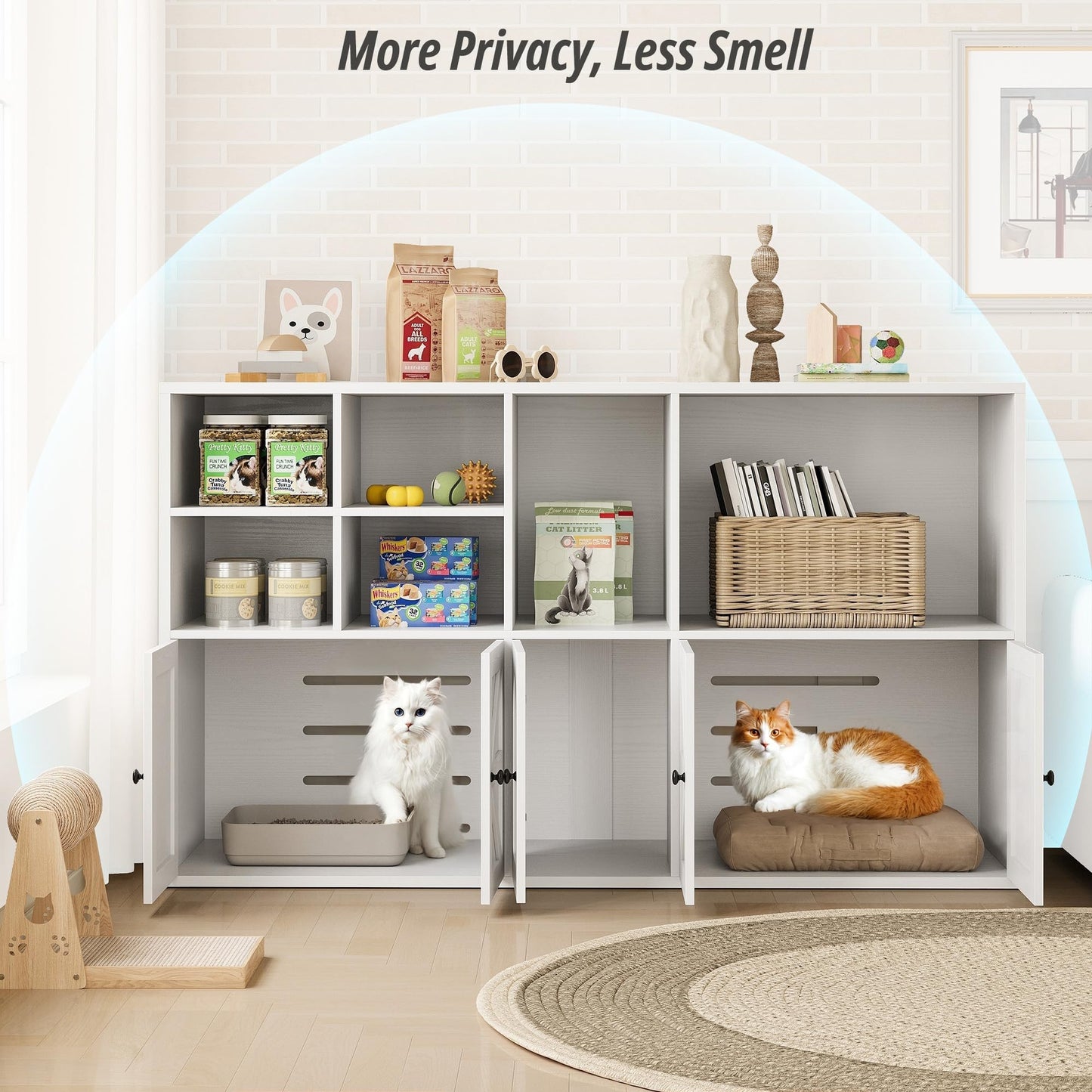 IRONCK Cat Litter Box Enclosure for 2 Cats, Litter Box Furniture Hidden with Double Room and Large Storage Space, Wooden Washroom Furniture, Cat House, White