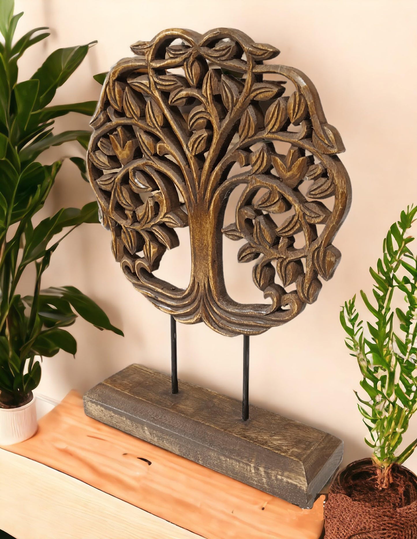 VANIYA CRAFTS® Wooden Carved Handmade Tree Design Engraved Table Decor Table Sculpture Home Decor Statue for Living Room, Bedroom, Office Desktop, Cabinets (Walnut)