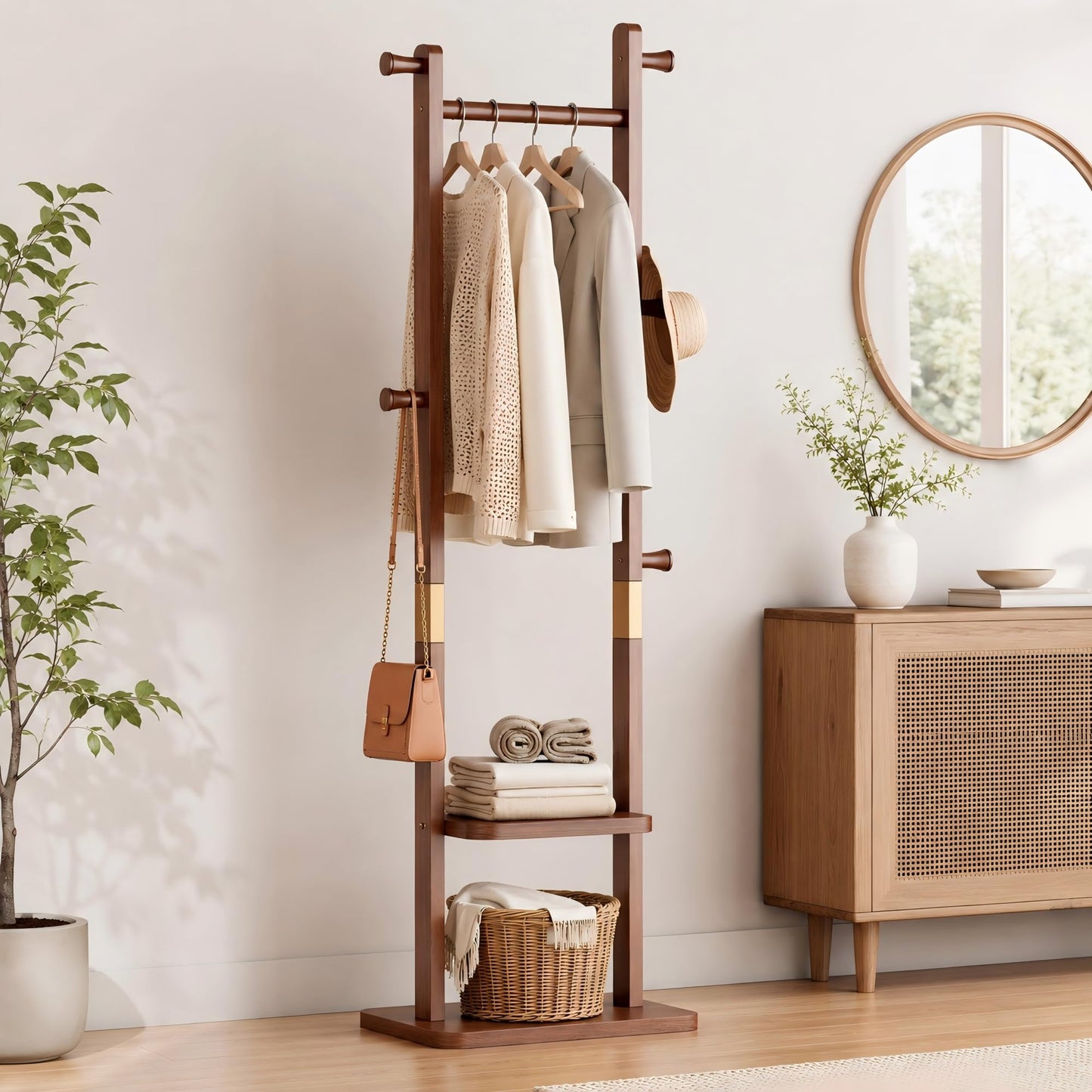 KIRROUS Solid Wood Coat Rack Freestanding, Clothing Rack with 5 Hooks & Bottom Shelf, Heavy Duty Coat Rack Stand for Hanging Clothes, Wood Hall Tree Organizer for Entryway, Bedroom (Walnut Brown)