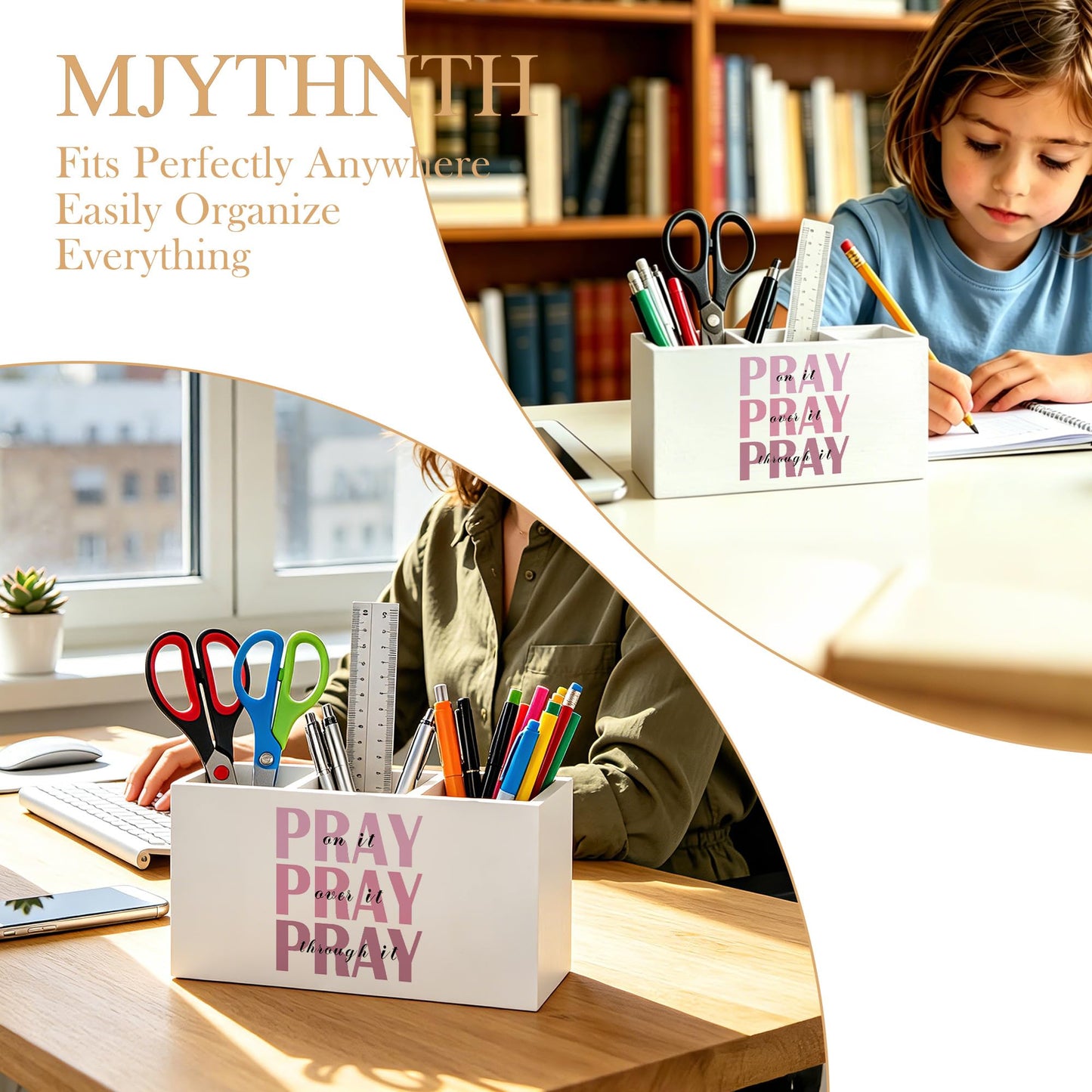 MJYTHNTH Pink Inspirational Bible Verse Pencil Pen Holder for Desk, Christian Gifts for Women, Pray on Over Through It Wooden Box Sign Pen Holder Organizer for Home Office Desk Accessories