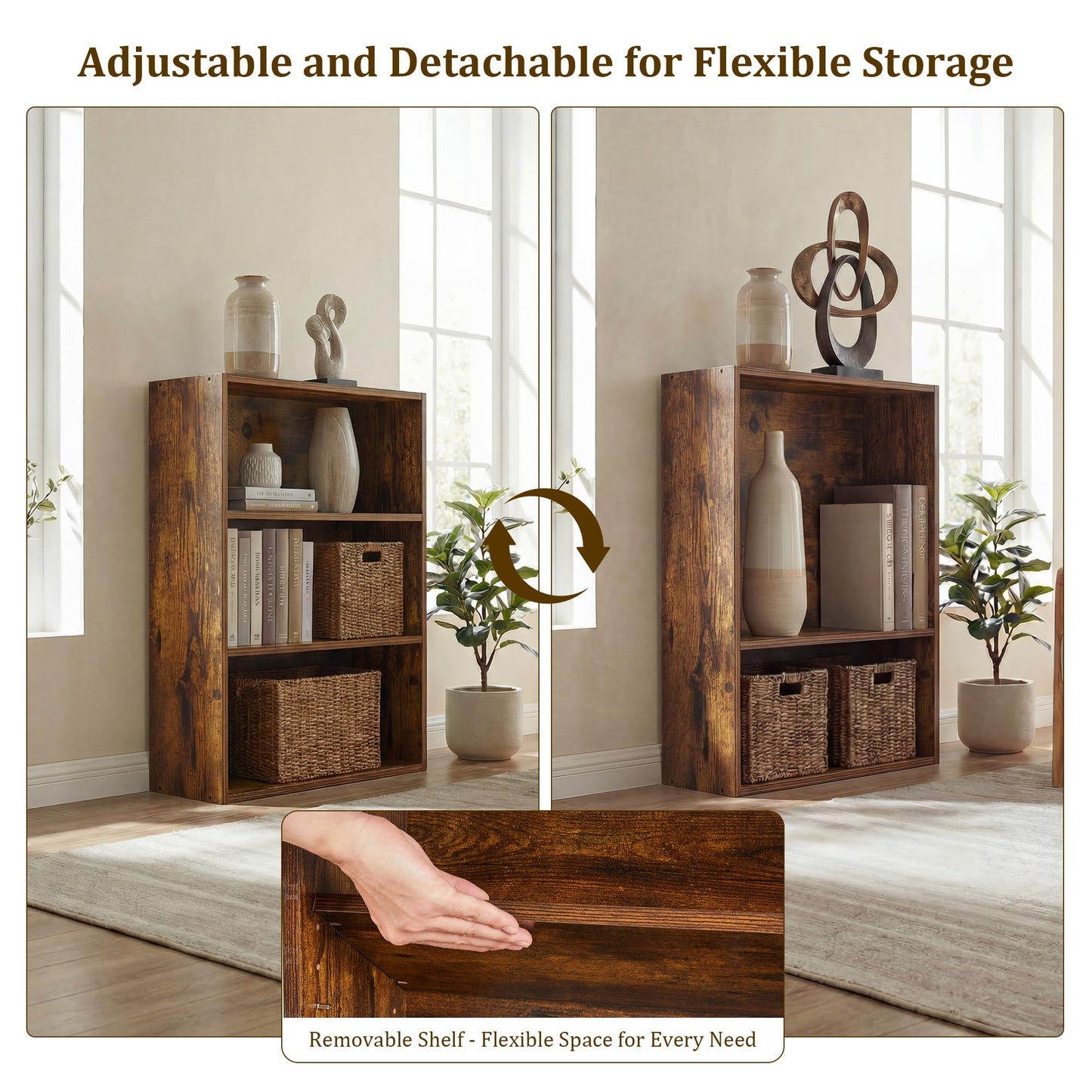 Alpen Book Shelf, 3 Shelf Bookcase Floor Standing Shelves for Bedroom, Wooden Short Bookshelf with Storage Adjustable Small Bookshelf for Small Spaces, Living Room, Rustic Brown