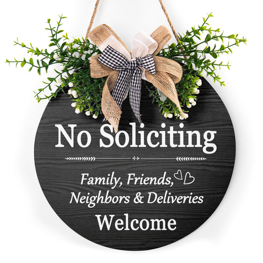 Funny No Soliciting Sign for House Wreath Welcome Sign for Front Door No Soliciting Family Friends Neighbors Welcome Sign 12"x12" Welcome Round Bow Wood Plaque Decoration for Home Porch Yard