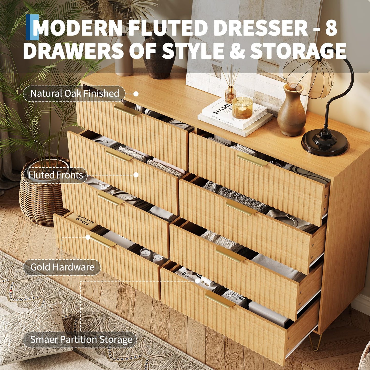 GarveeHome Fluted Dresser for Bedroom with 8 Drawers,55" Wide Modern Chest of Wooden Bedroom Chest with Metal Handle,Clothes Storage Organizer,Dresser & TV Stand for Living Room,Nutural