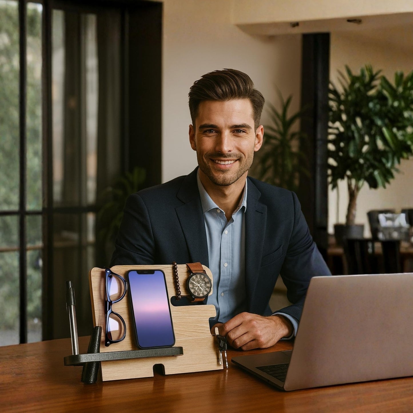 Namore Wood Phone Docking Station for Men – Minimalist Nightstand & Desk Organizer with Valet Tray for Phone, Wallet, Watch & Keys