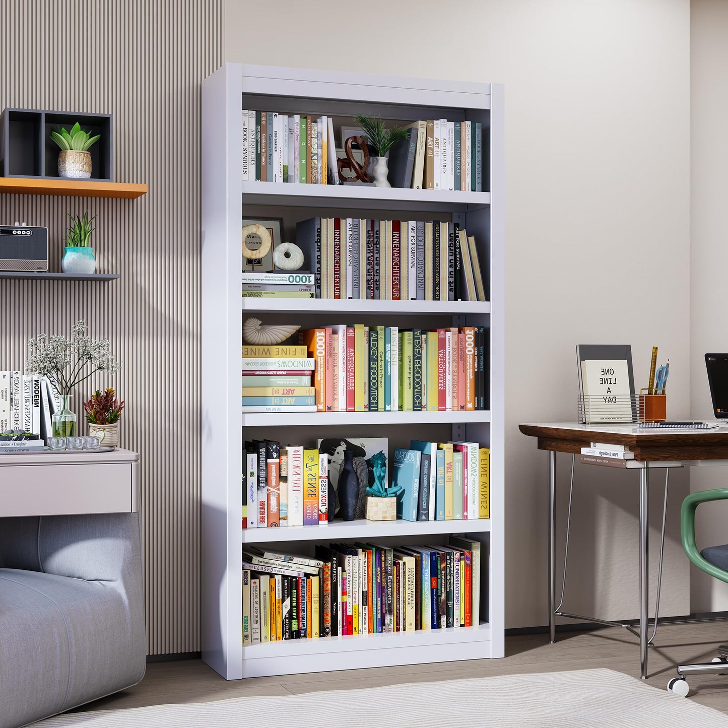 OSEILLC 69" H 5-Shelf Heavy Duty Metal Bookcase, Adjustable Bookshelf with Large Capacity, Sturdy Bookshelf for Home Office, Living Room, Garage