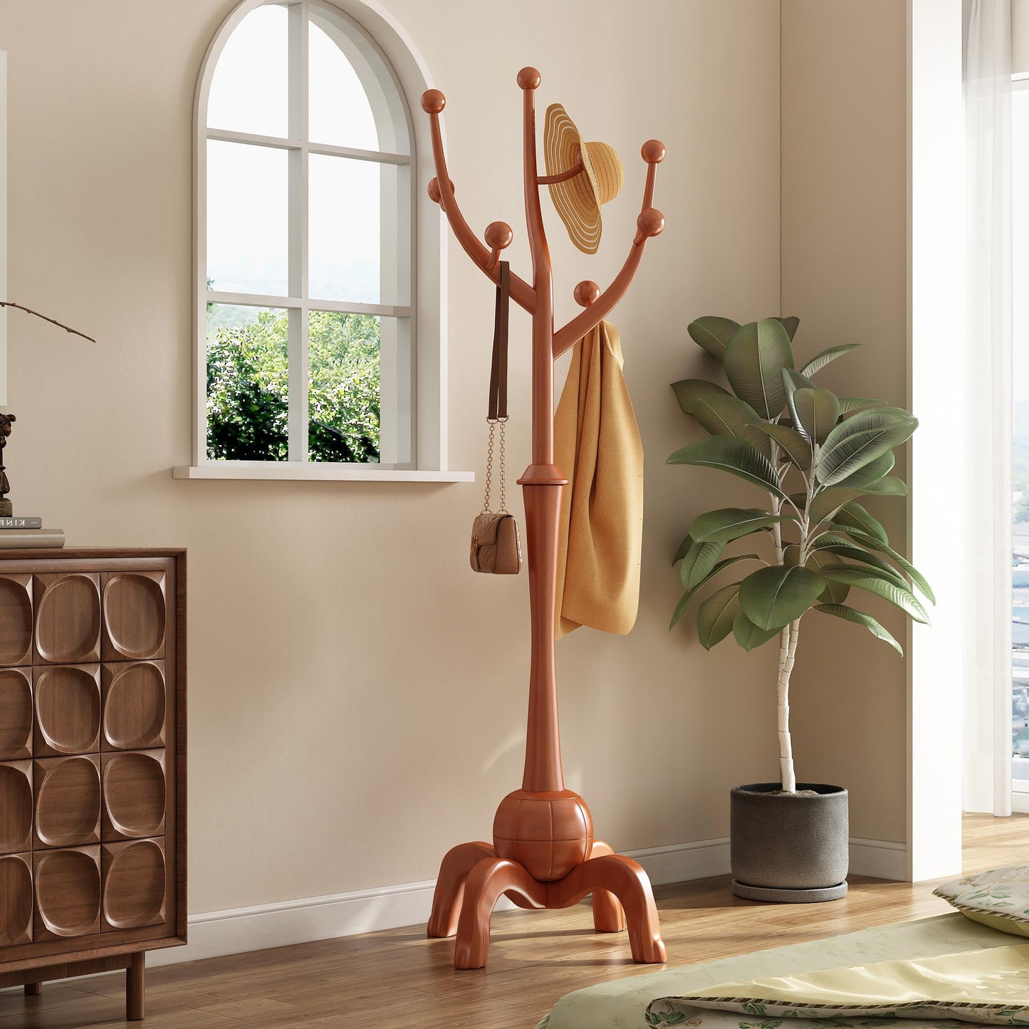 GAMNOF Wood Freestanding Coat Rack with 8 Hooks Coat Tree Standing,Brown