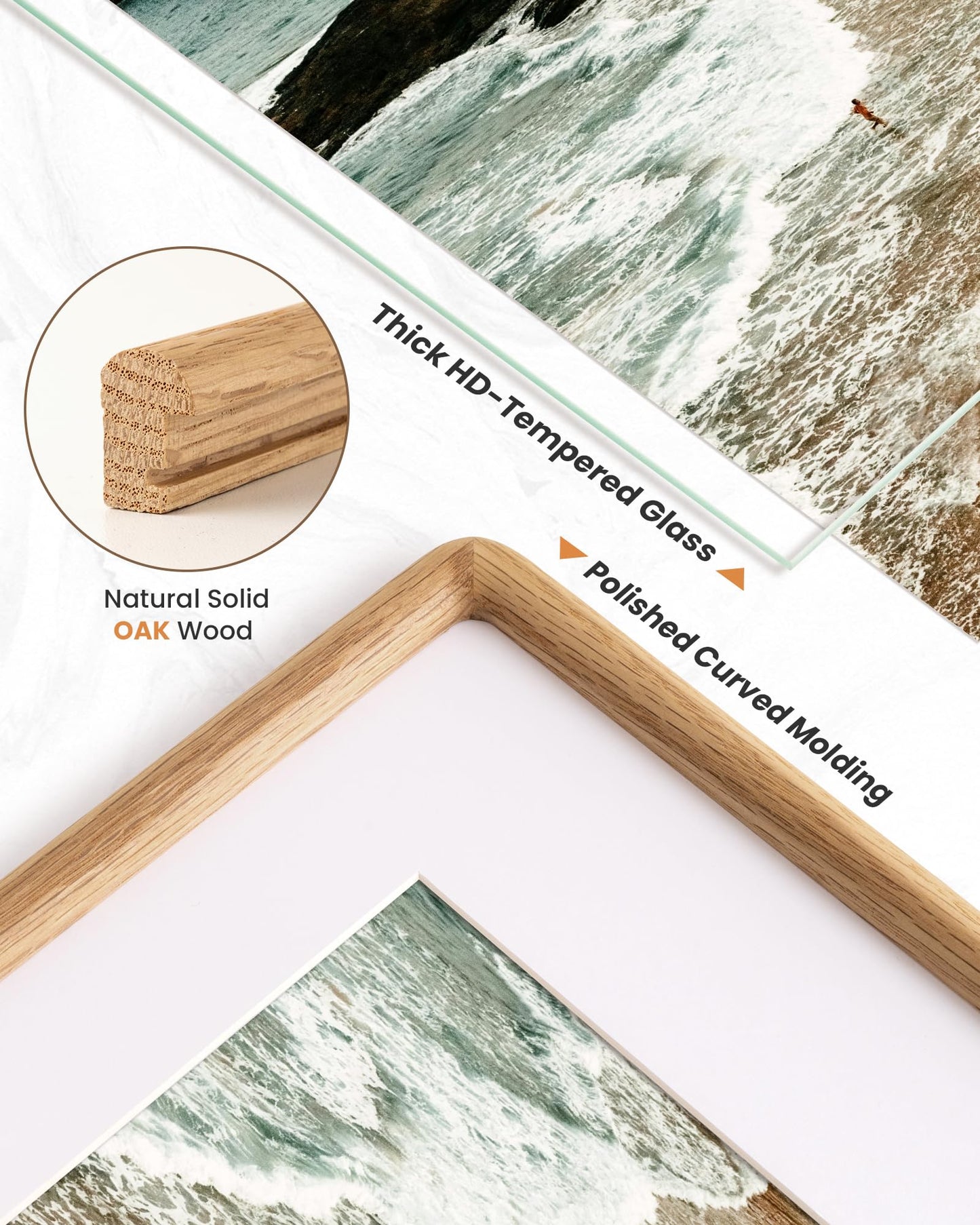 RICHFOCUS 11x14 Picture Frame, USA-Sourced Natural Solid Oak Wood Rounded Corner Curved Photo Frame, Double Tenon Reinforced with HD Tempered Glass, Display Photos 8x10 with Mat or 11x14 Without Mat