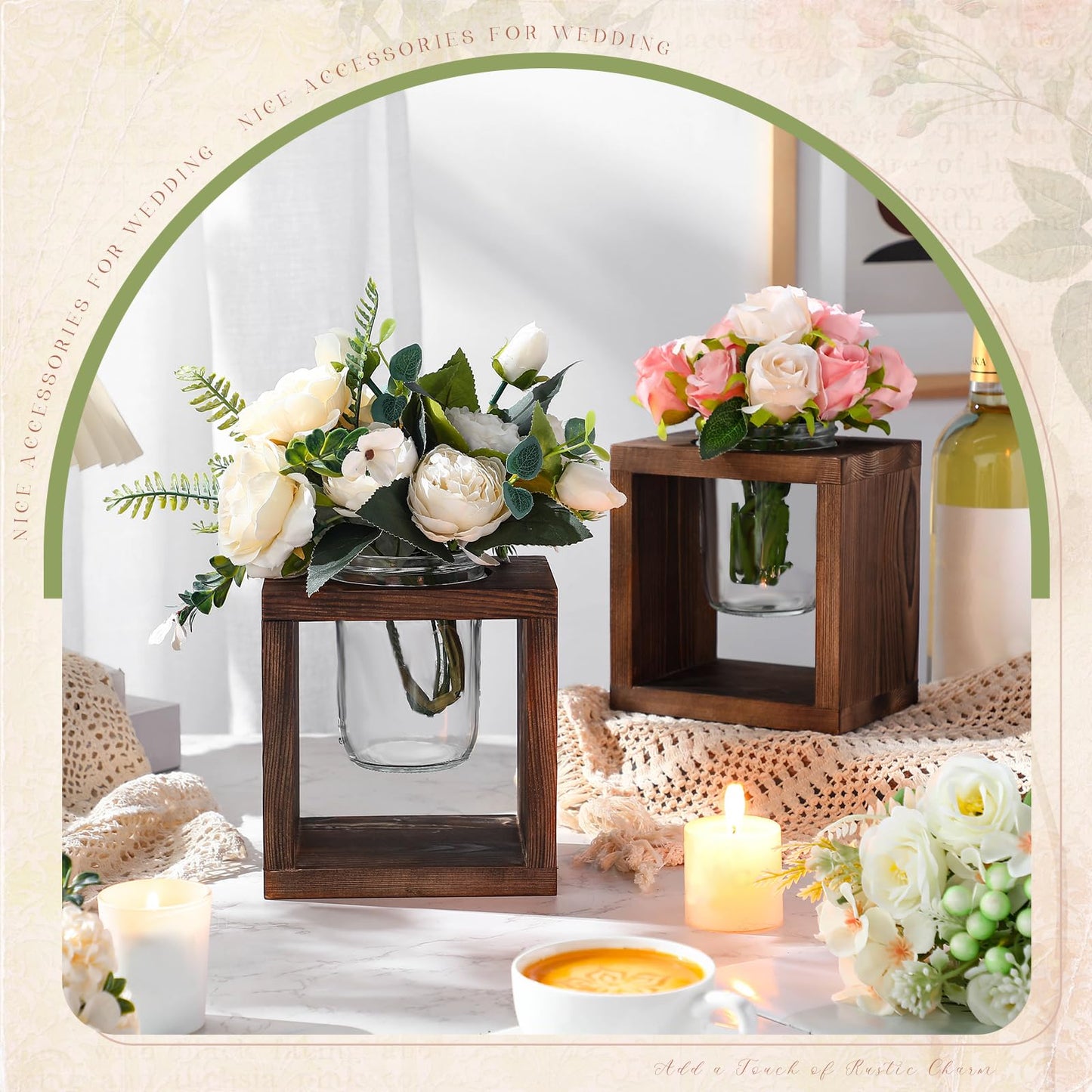 GlikCeil 4 Set Wooden Box for Centerpiece Rustic Wood Propagation Planter Box with Jars Wedding Table Vase Centerpiece Decorations Small Flower Pots Gifts for Windowsill Home Garden Decor