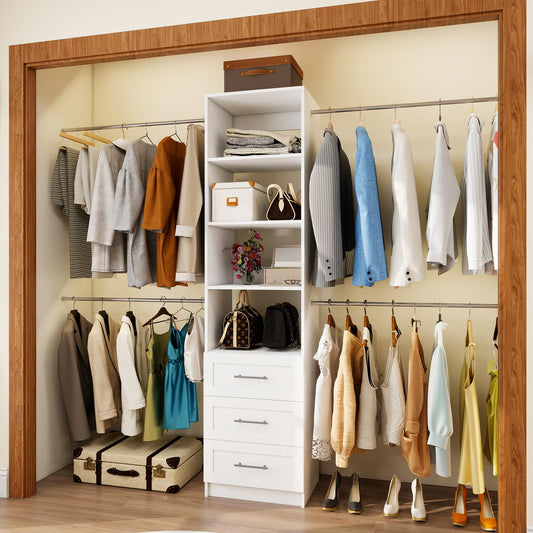 Closet System, 5FT-8FT Closet Organizer System with 3 Wooden Drawers, 99" Walk In Closet Organizer and Storage with 4 Expandable Hanging Rods, Wall Mount, White