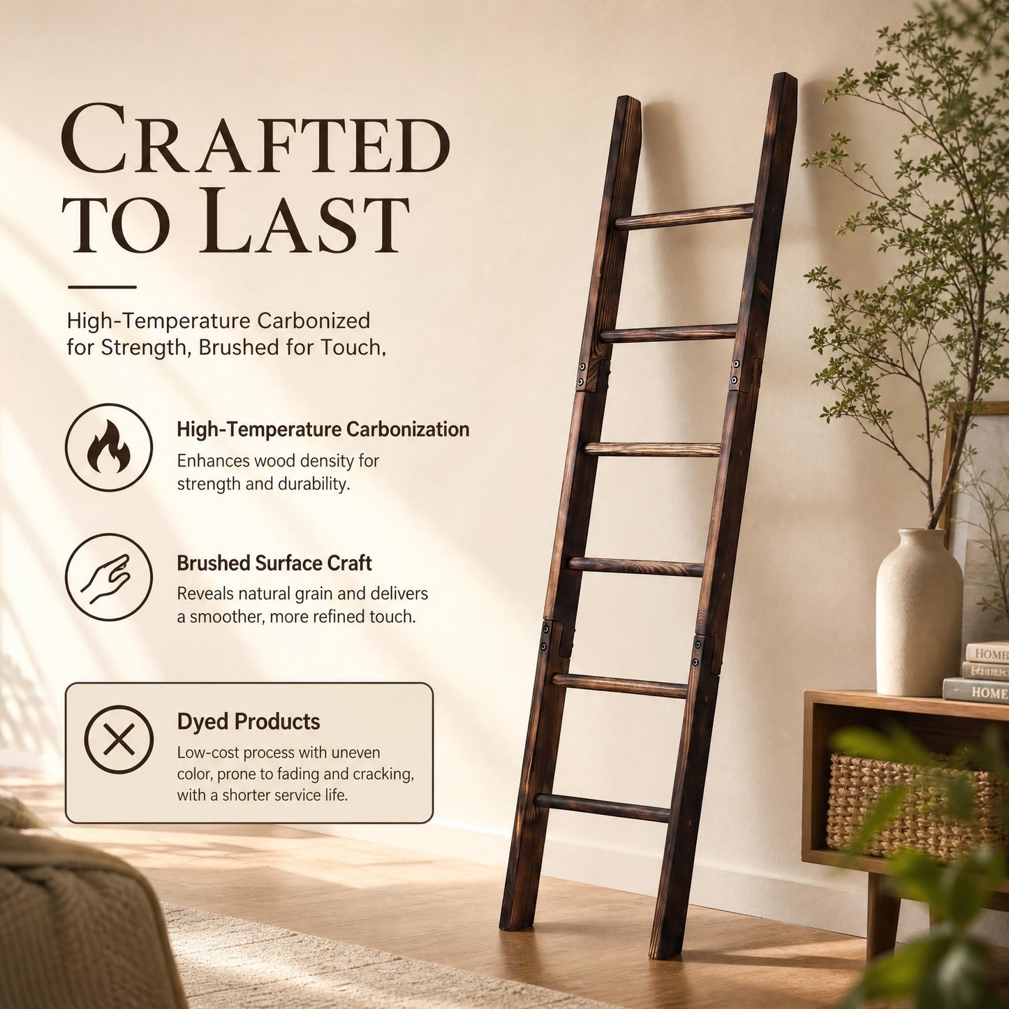 Carbonized Farmhouse Blanket Ladder, 6-Tier Rustic Wooden Rack