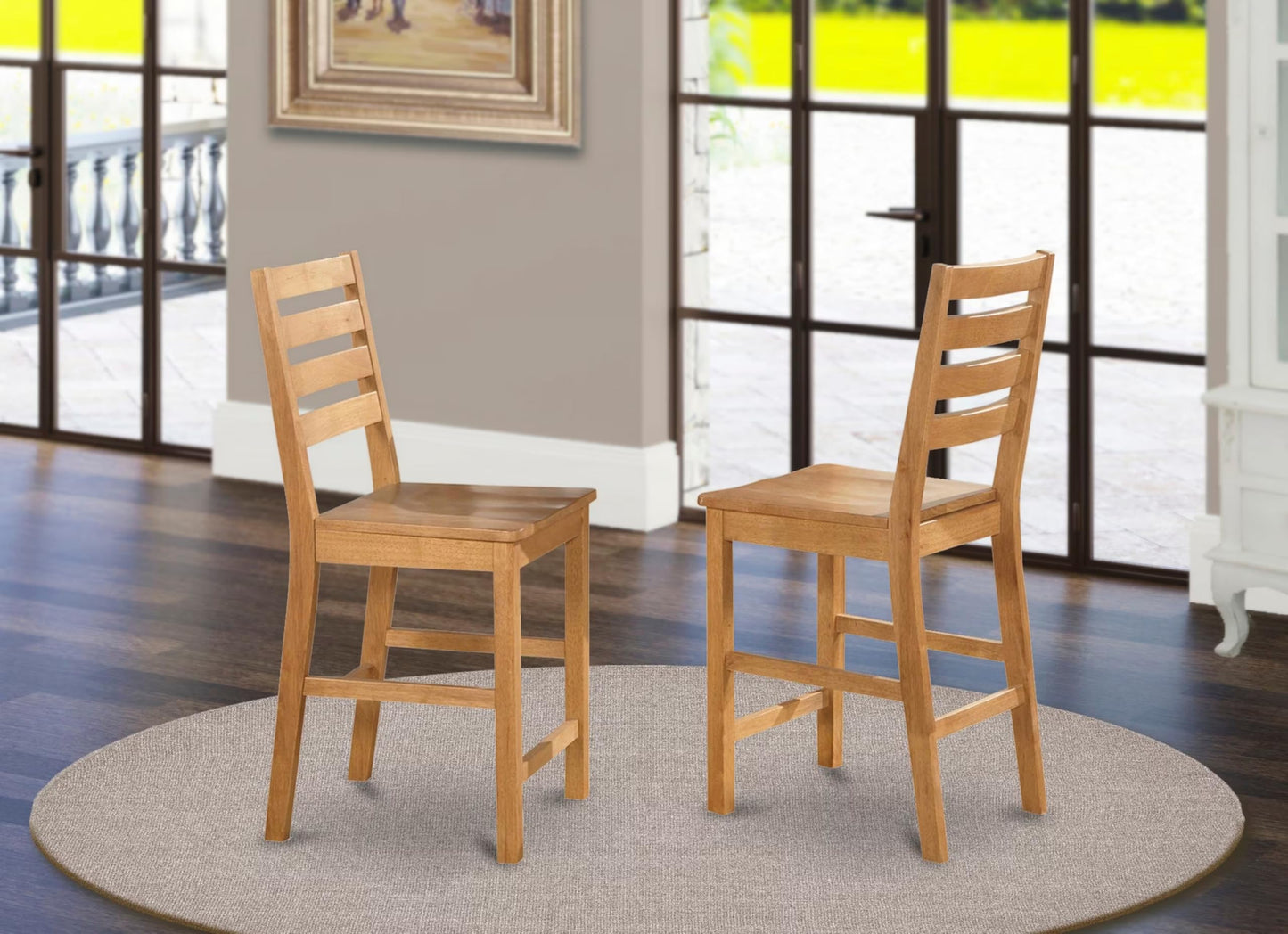 East West Furniture CFS-OAK-W Café Counter Height Dining Chairs - Ladder Back Wood Seat Chairs, Set of 2, Oak