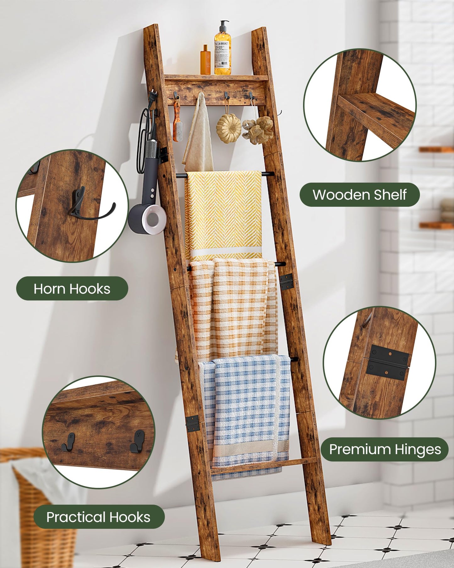 CHOEZON 5-Tier Blanket Ladder and Over The Toilet Storage Rack Bundle, Wooden Blanket Display Rack, Towel Ladder with Hooks, for Living Room, Bedroom, Balcony, MCJ02FG-TTS03BF