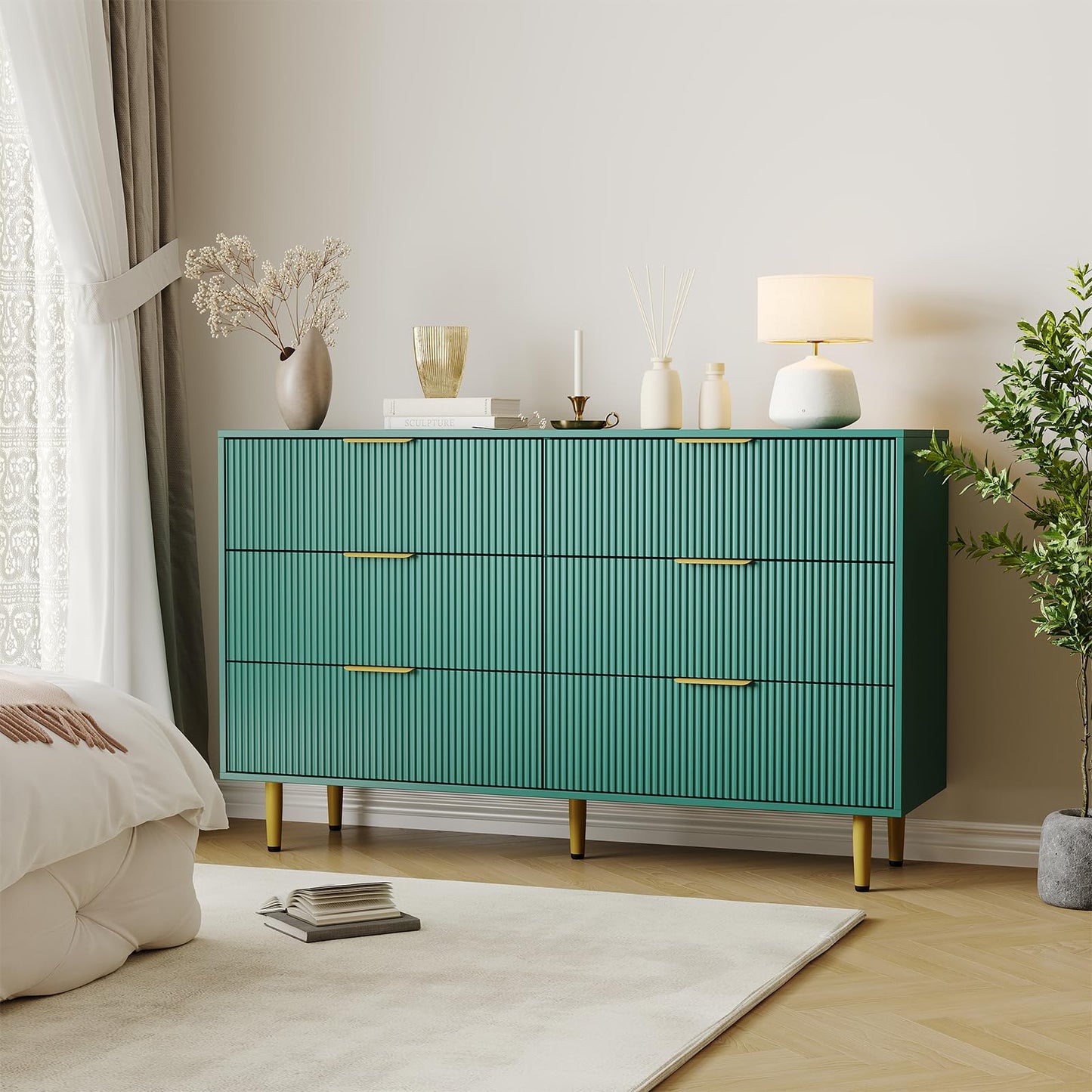 Garvee 56" Wide Fluted Dresser for Bedroom with 6 Drawers, Wooden Chest of Drawers with Gold Metal Handle & Feet, Fluted Dresser for Living Room, Hallway, Bedroom, Green