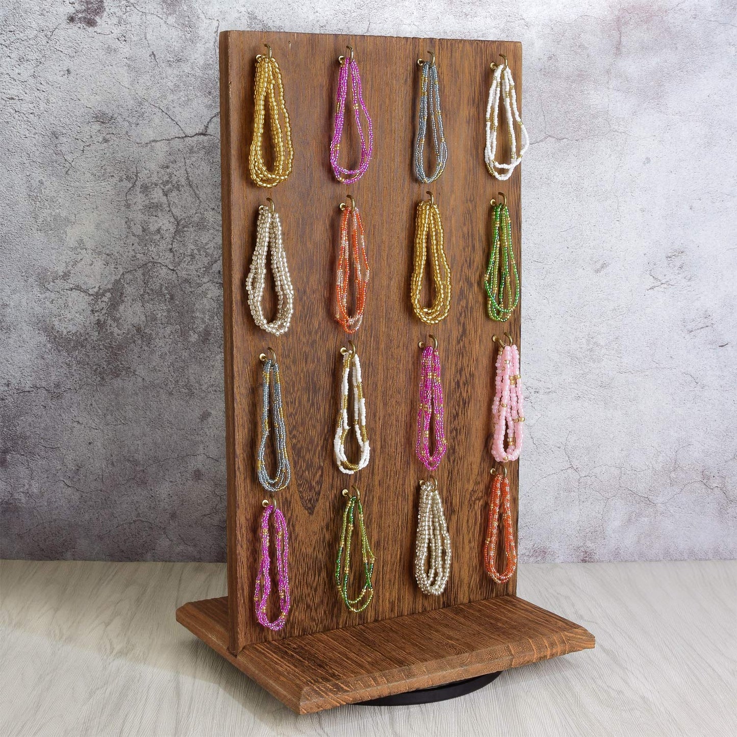 Ikee Design Wooden Rotating Two-Sided Jewelry Display Stand, Rotating Organizer with 32 Hooks for Store, Earring Keychain Display with Hooks, Brown color, 9 W x 7.5 D x 16.5 H in