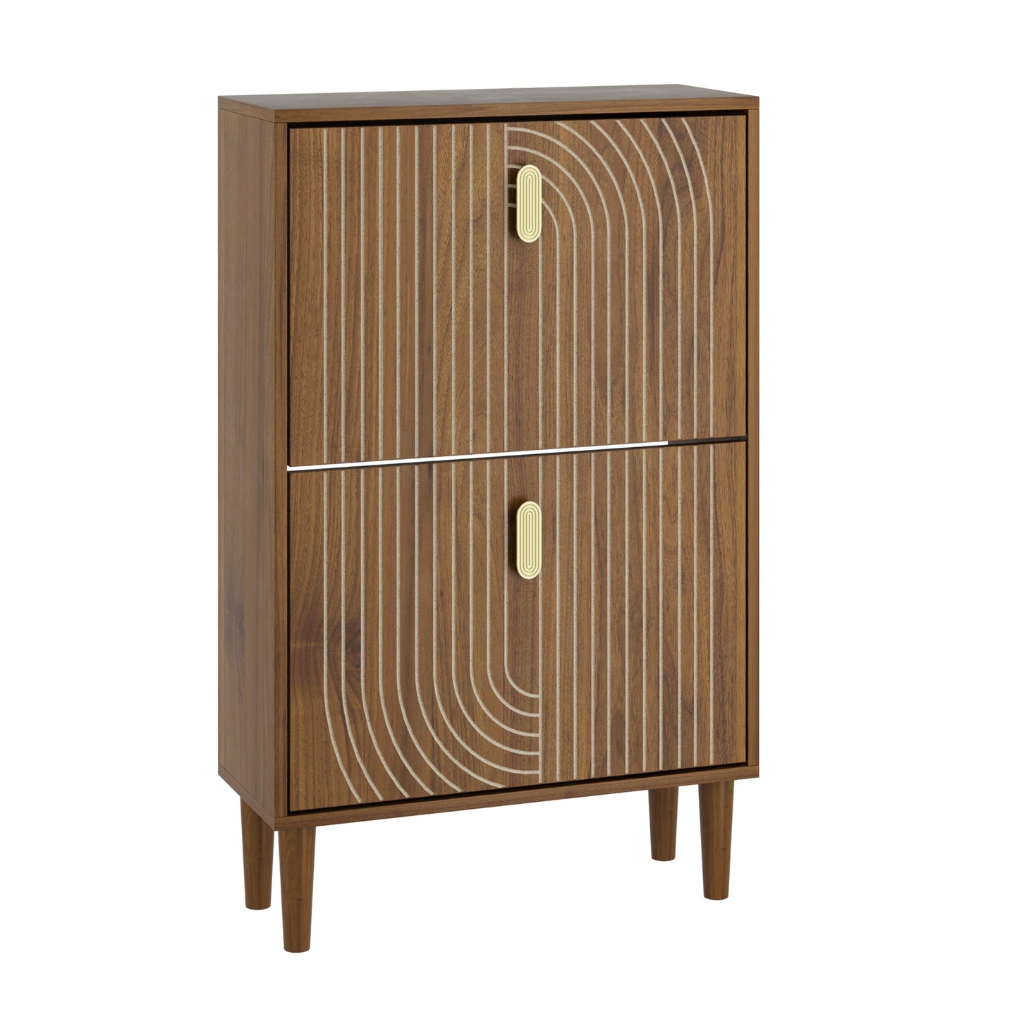 Smuxee Shoe Cabinet with 2 Flip Drawers, 23.6" Walnut Hidden Shoe Storage Cabinet with Line Groove Design, Freestanding Shoe Organizer Cabinet for Entryway, Hallway, Living Room