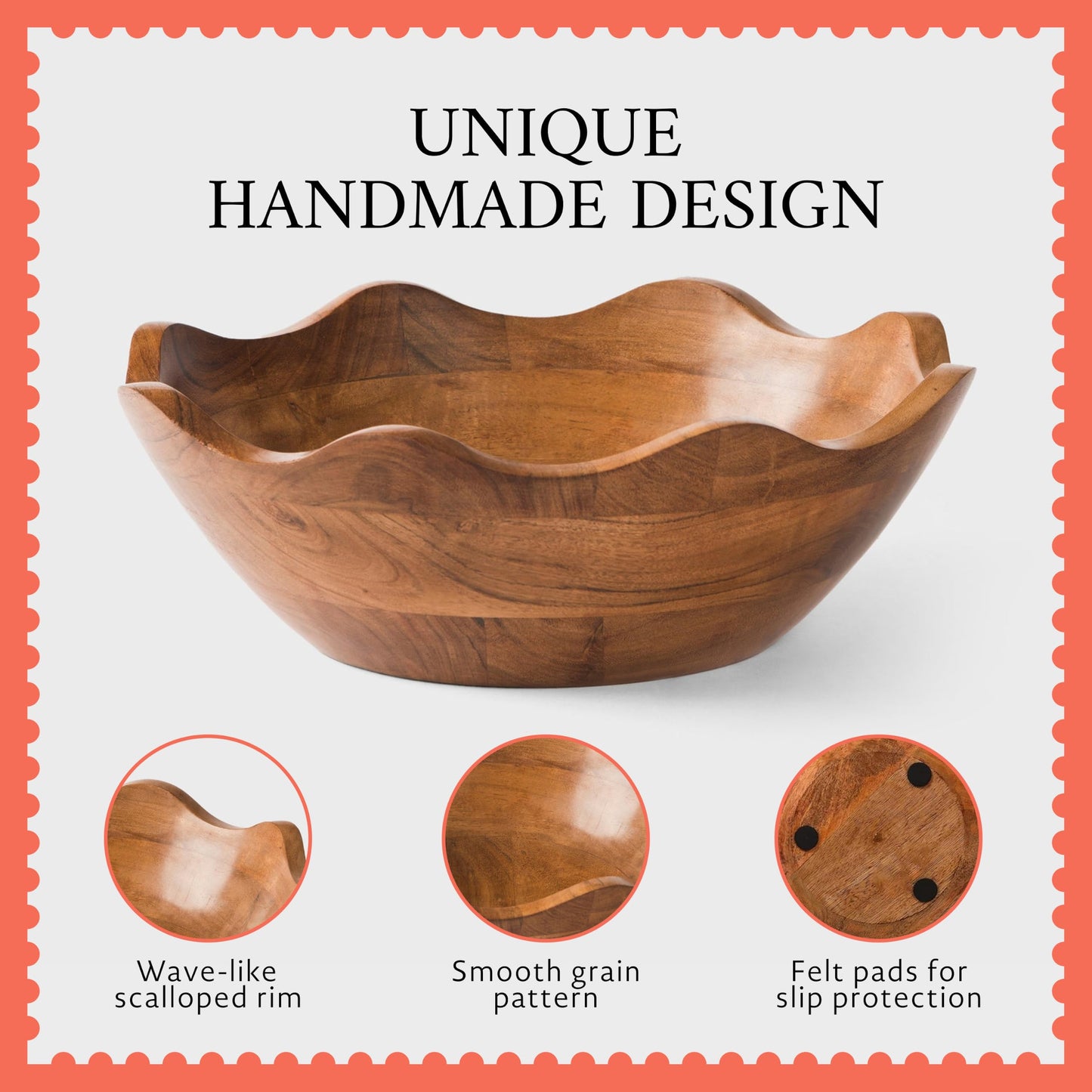 Mela Artisans 12 in Wide x 4 in Tall Scalloped Acacia Wood Salad Bowl – Decorative Serving and Fruit Bowl with Natural Finish for Kitchen Counter, Pasta, Bread & Home Decor