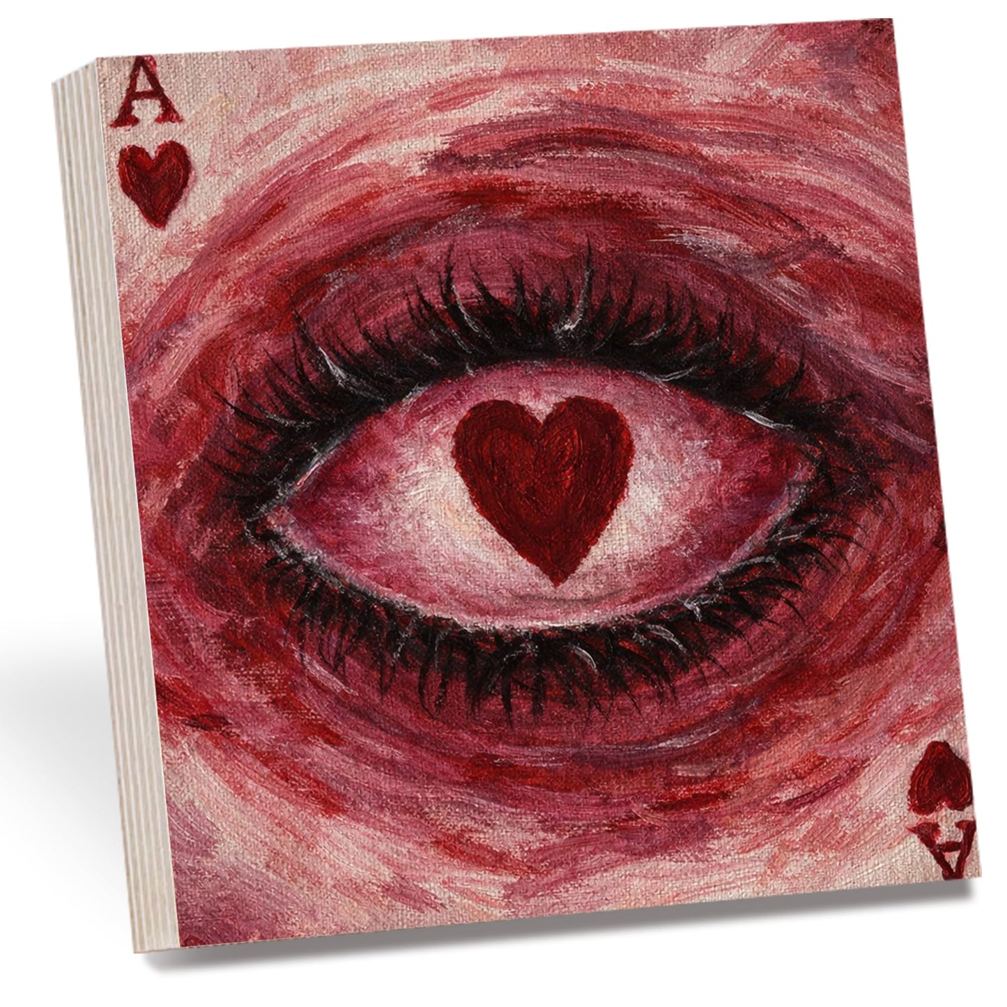 Surreal Eye Wooden Block Sign, Heart Eye Art Painting, Playing Card Heart Dark Romantic Symbolic Decor Shelf Sitter, Artistic Home Table Mantel Tiered Tray Unique Gift