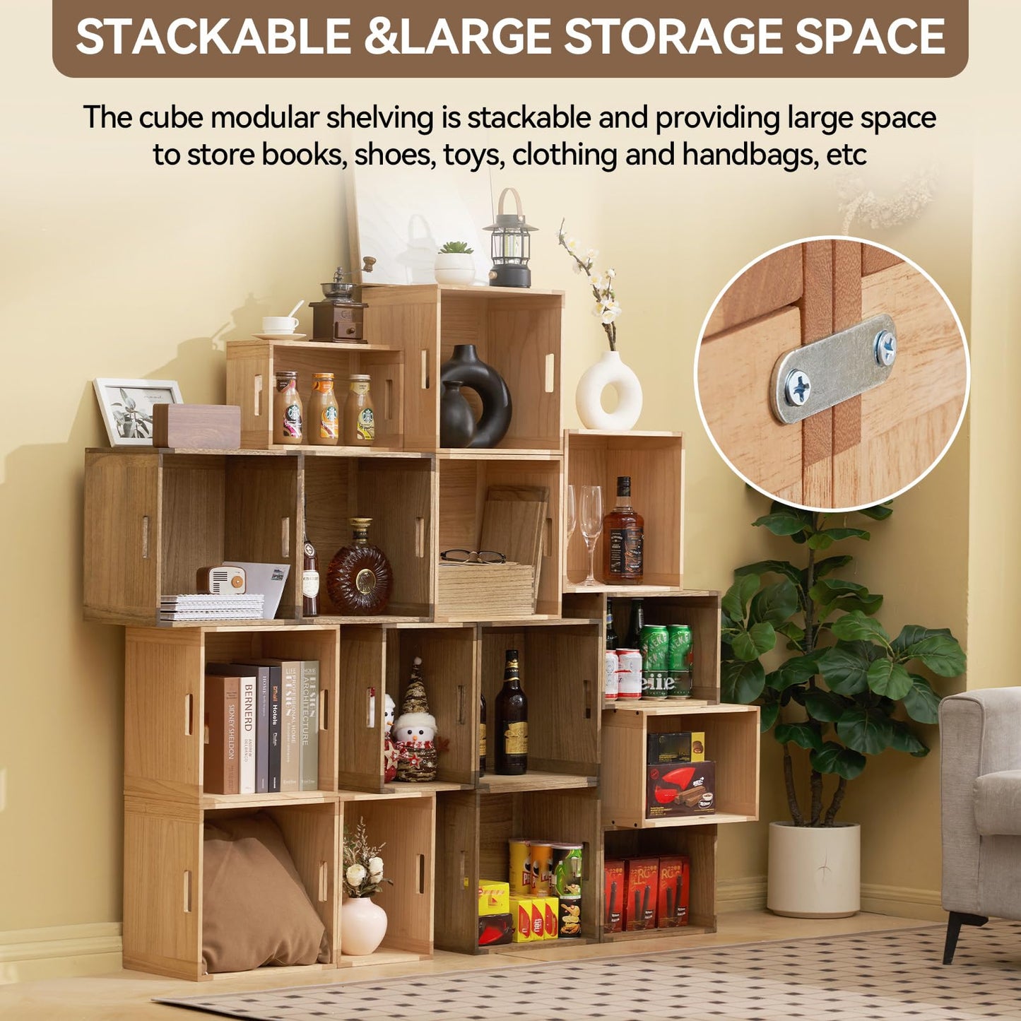 KIRIGEN Stackable Wood Storage Cube /Basket/ Bins Organizer for Home Books Clothes Modular Open Cubby Storage System - Office Cubical Bookcase Closet Shelves C26-DBR