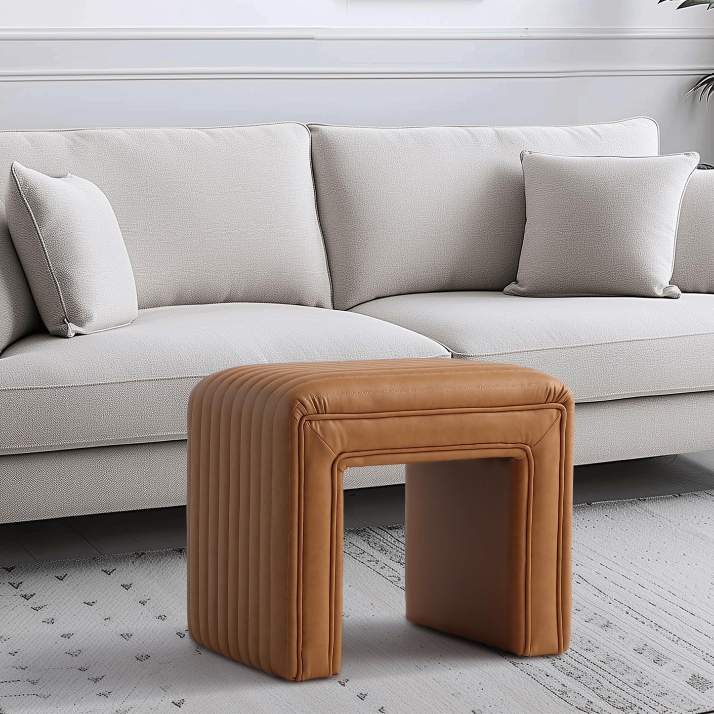 Get Set Style Vanity Stool Chair,Modern Leather Ottoman Foot Stool with Wooden Legs Sofa Bench Footstool Extra Seat for Vanity,Makeup Room,Living Room,Entryway,Office (Fully Assembled)