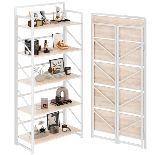 JSB Folding Bookshelf,Industrial Storage Shelves, No Assembly Vintage Wood Look Bookshelf with Storage Shelves for Living Room, Bedroom, Office (White, 5-Tier)