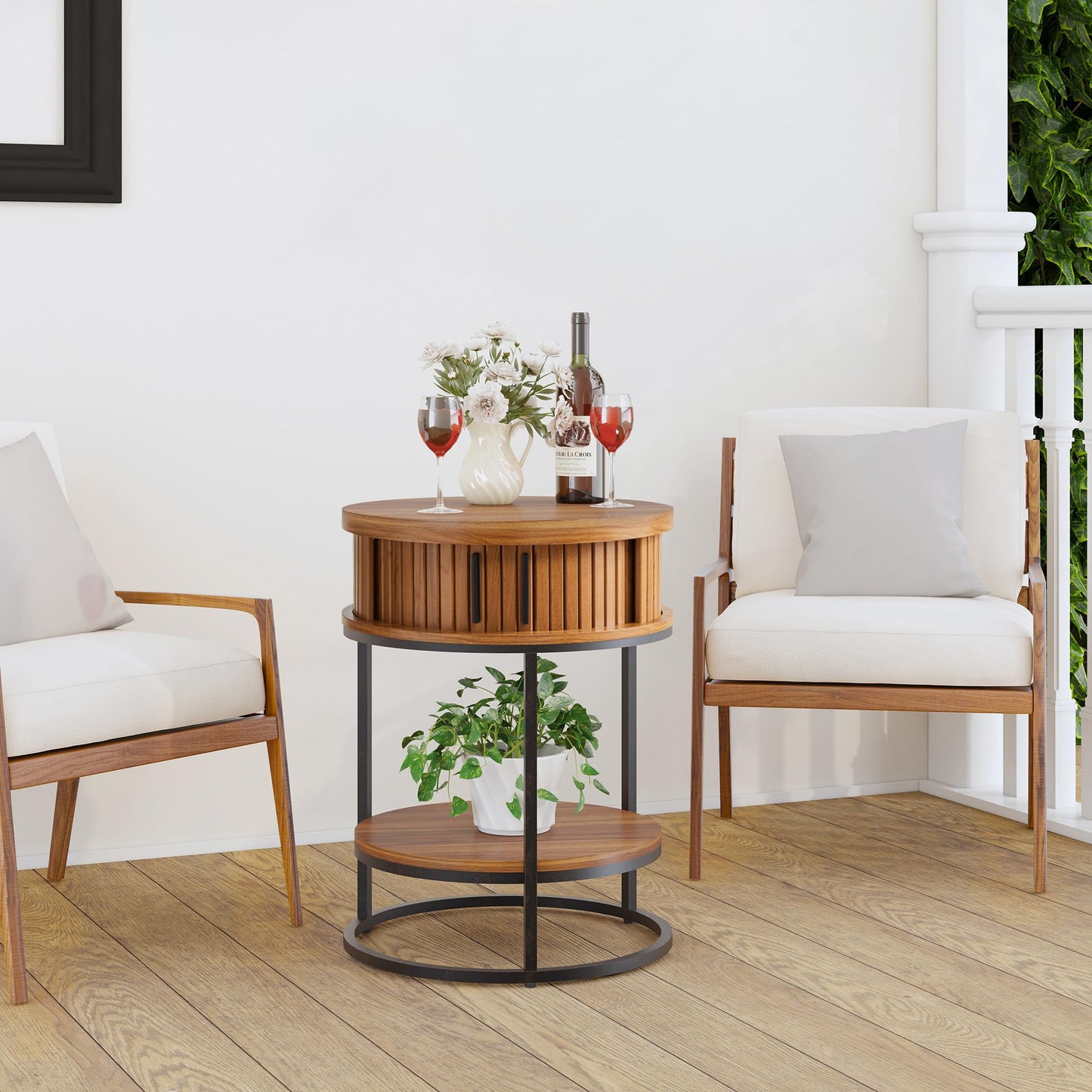 Turtle&Myrtle Small Round Side Table with Storage, 2-Tier Wooden End Table with Sliding Door and Shelf, Mid-Century Circle Nightstand for Living Room, Bedroom, Walnut, 2PC
