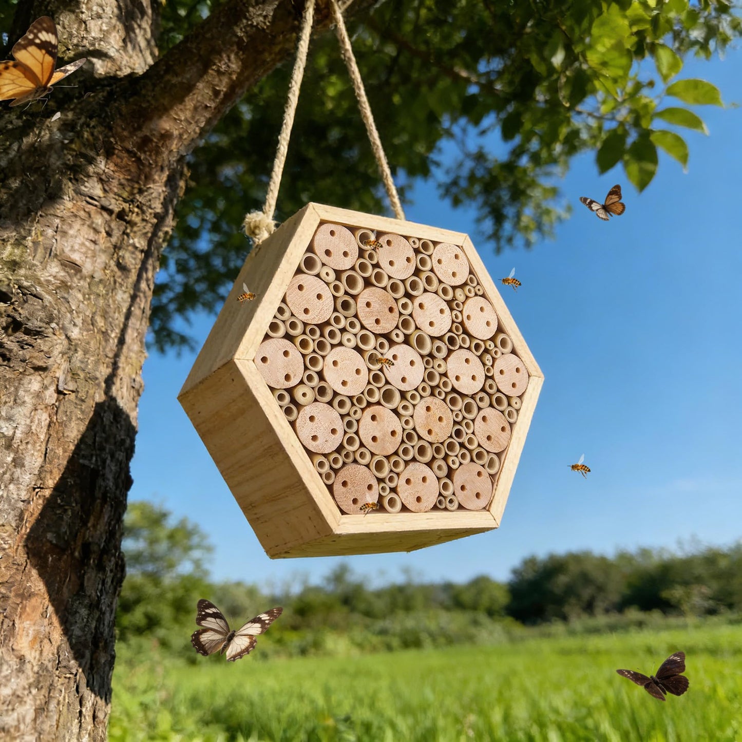 Dmnnlp Mason Bee House, Natural Wooden Hexagon Bee House with Metal Stake & Cleaning Brush, Hanging Bees Box Habitat to Attract Pollinators, Garden Decoration, Gift for Bee Lovers