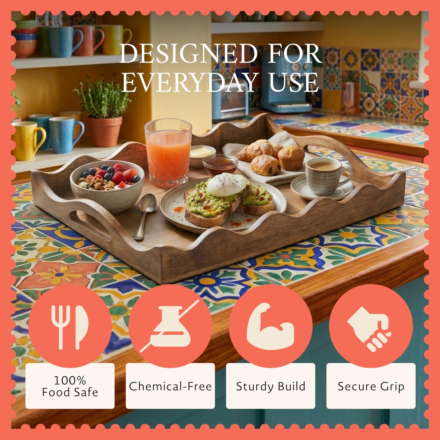 Mela Artisans 16” x 12” x 2.5” Mango Wood Serving Tray with Handles – Ottoman Scalloped White Burnt – Large Handcrafted Wooden Serving Board for Breakfast, Coffee & Home Décor