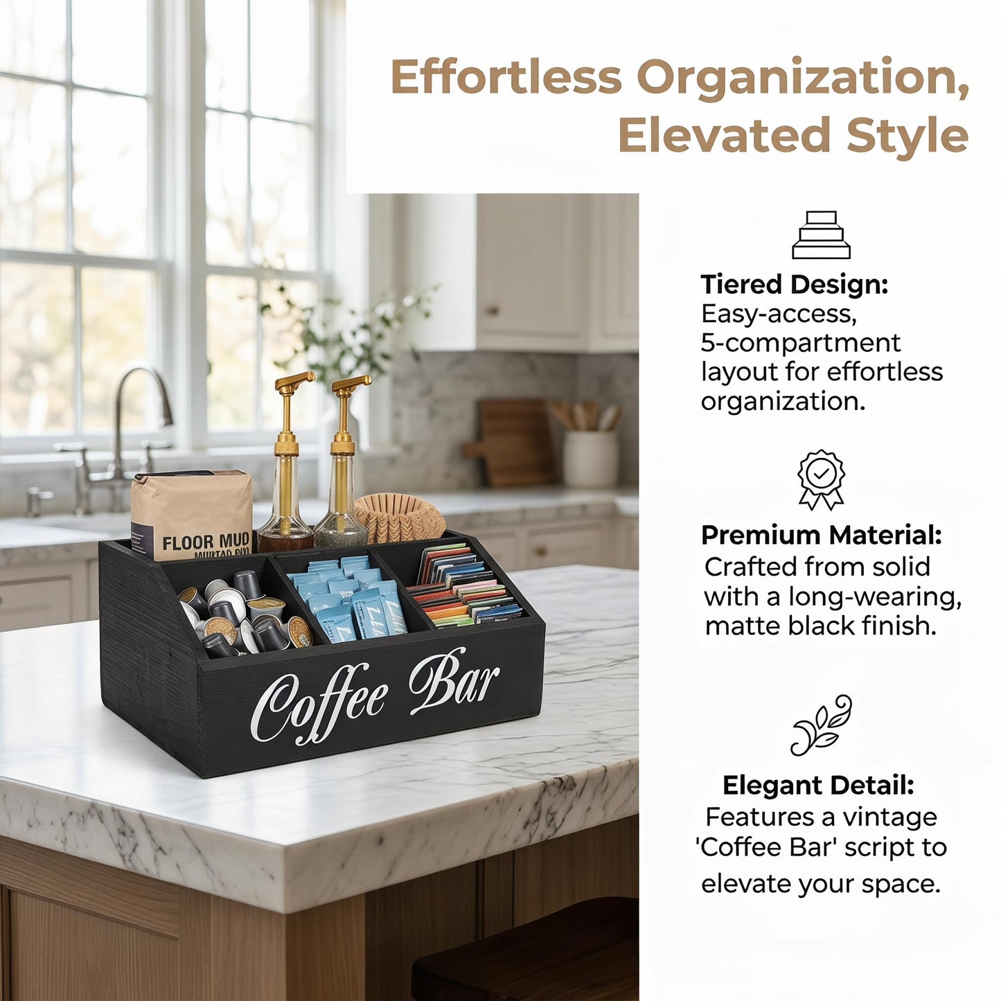 SHAXIXI Coffee Station Organizer - Double Layer with Drawers, Country Style Coffee Bar Organizer, Farmhouse Coffee Capsule Storage Basket, Natural Solid Wood Material, 12.6 x 8.5 x 5.2 inches