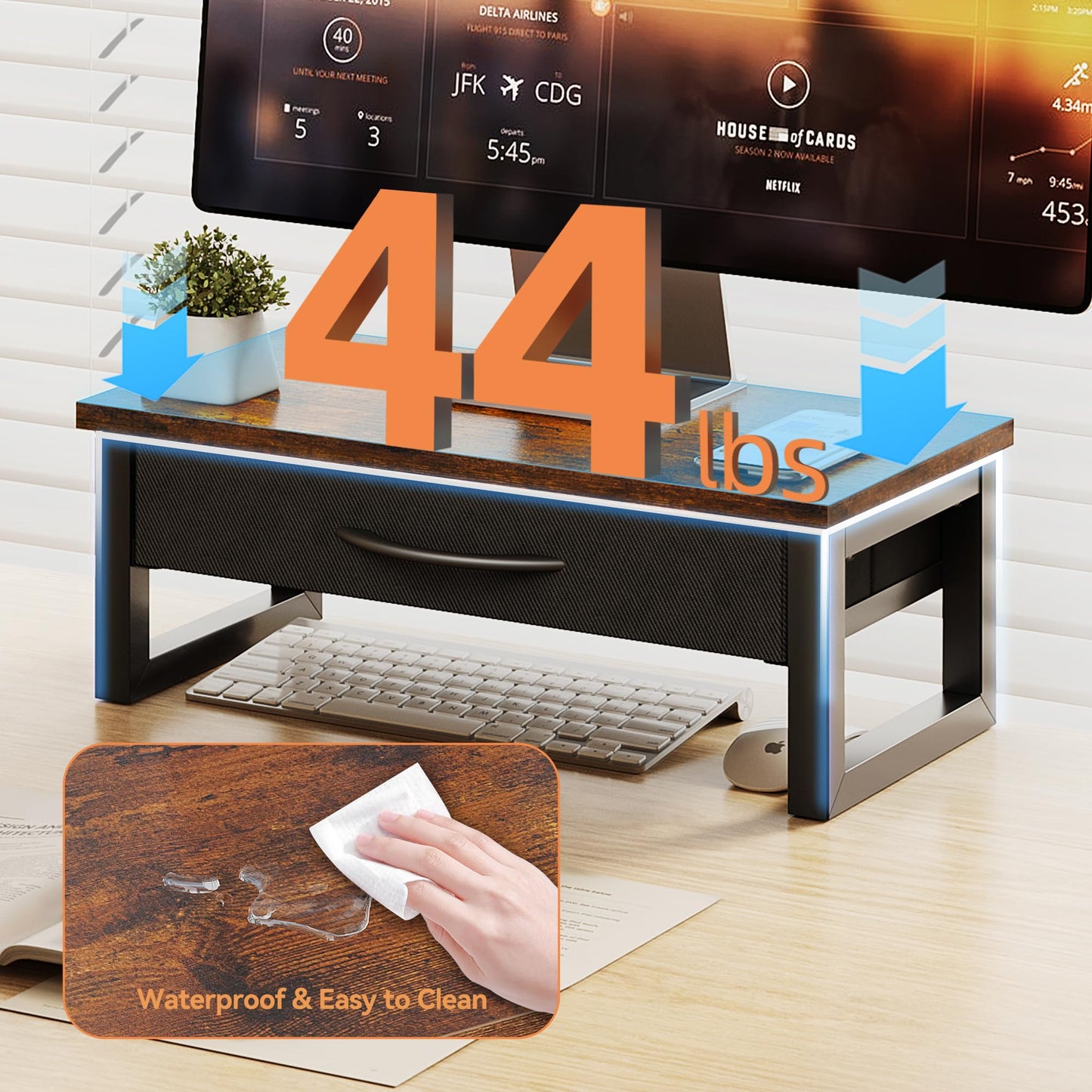 HEWORLIF Computer Monitor Stand Riser with Drawer, 2-Tier Desk Accessories & Workspace Organizers, Laptop Stand for Desk with Storage, Office Organization, Wood