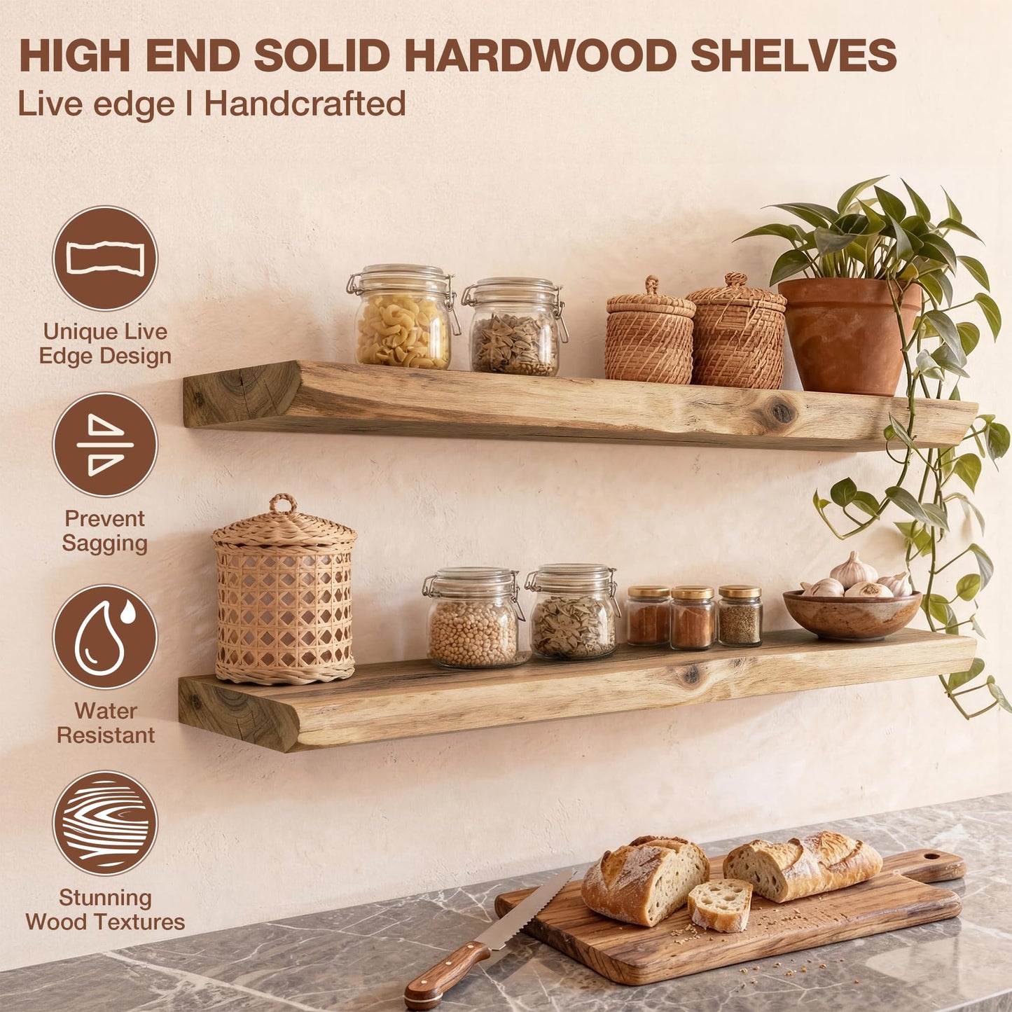 Axeman 24 inch Live Edge Floating Shelves for Wall, 8 Inch Deep Solid Locust Wood Wall Shelves - Rustic Wooden Shelves with Invisible Brackets for Living Room Bedroom Kitchen, Set of 2