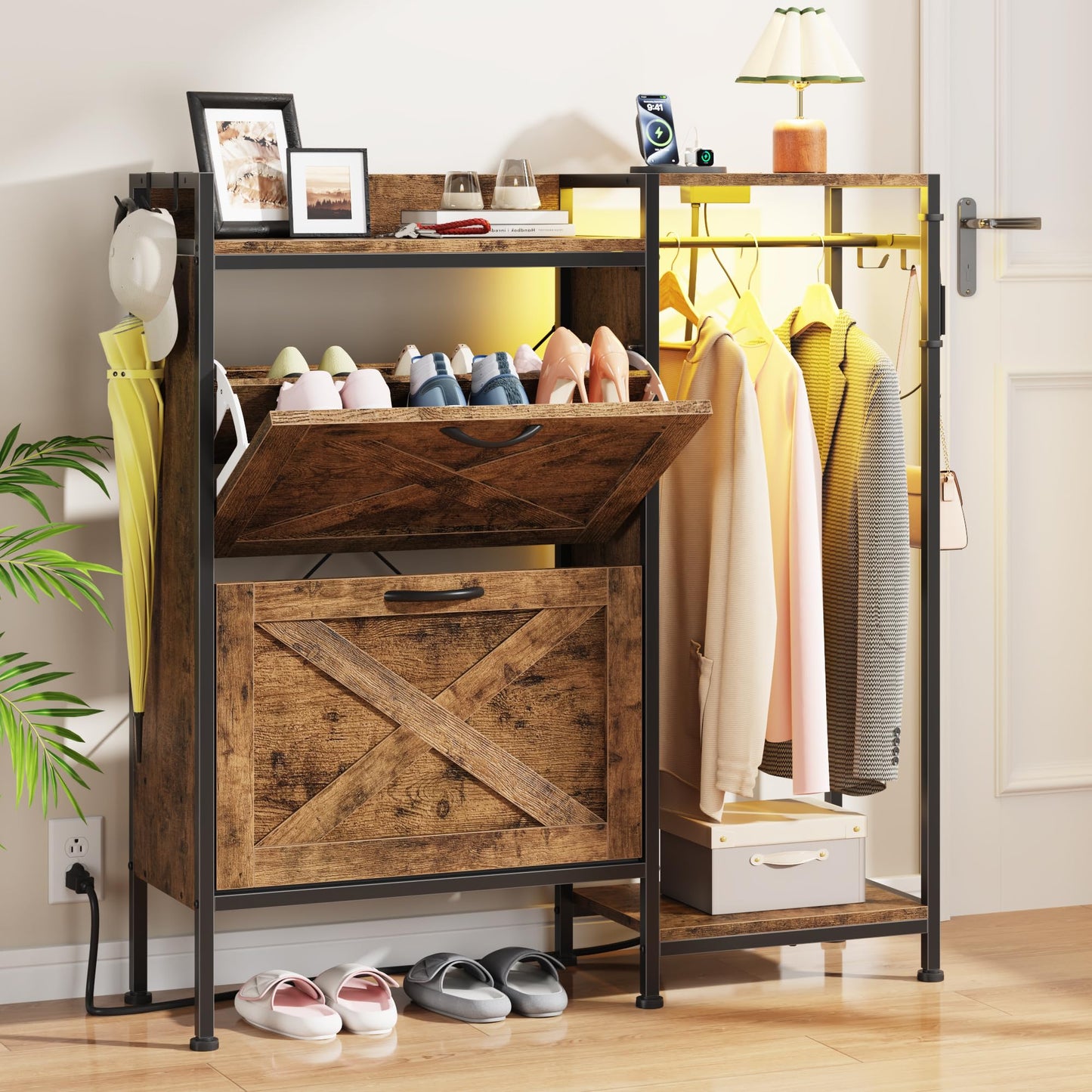 HIGDBFE Shoe Cabinet with 2 Flip Drawers and Hanging Rack, Narrow Entryway Organizer with Charging Station and LED Light, Freestanding Hidden Shoe Storage for Hallway, Rustic Brown, 41.3" W