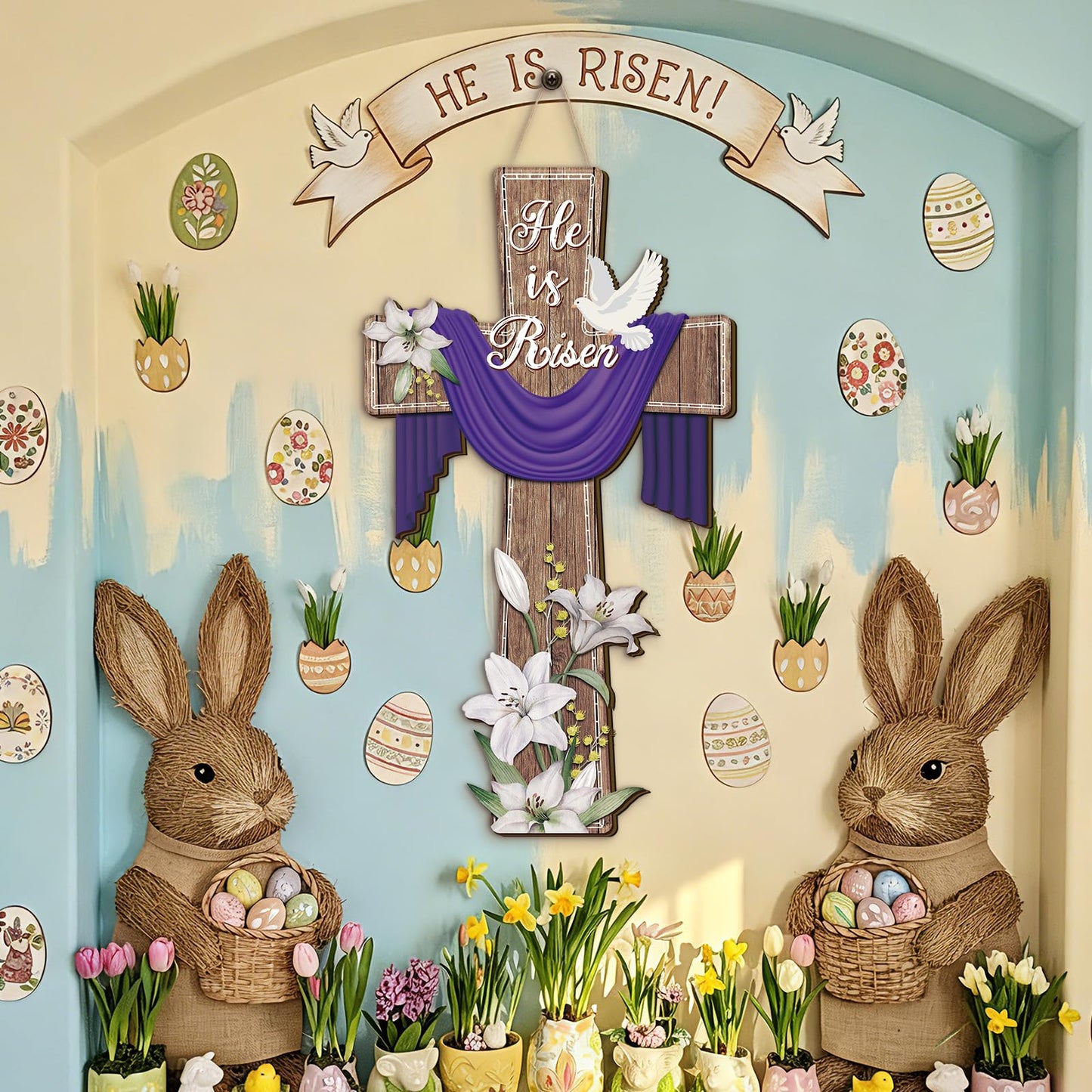 BBTO He Is Risen Easter Door Sign, 31.5 x 15.75 Inches Durable Wooden Religious Cross Hanging Decor Easter Wreaths for Front Door Christian Flowers Lent Hanging Hanger for Farmhouse Front Porch