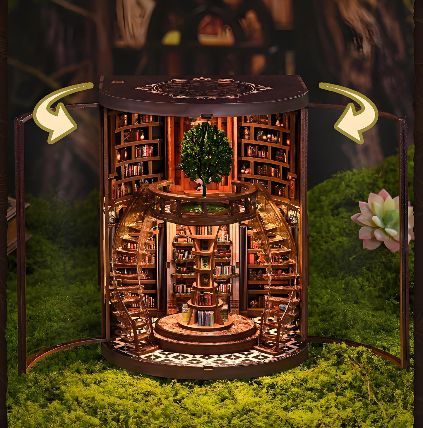 Ahilmrn Book Nook Kits for Adults Fantasy 3D Puzzle Library Booknook Kit with Dust Cover Wisdom Book Repository Round Bookshelf Decor Wooden DIY Spiral Staircase Miniature Dollhouse Book House