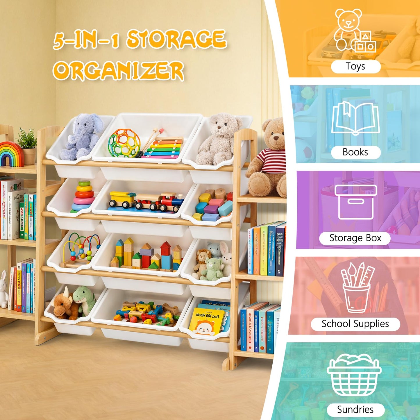 Etitlly Toy Storage Organizer with Bookshelf – Wooden Toy Organizer with 12 Toy Bins & 6 Tier Bookcase,Quick Assembly Kids Bookshelf,Toy Bin for Playroom, Bedroom, Nursery– White