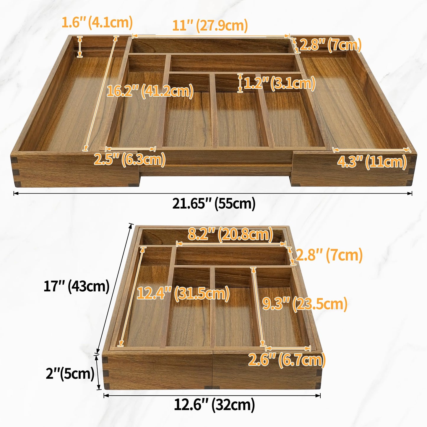 Luxury Acacia Kitchen Drawer Organizer - Silverware Organizer - Utensil Holder and Cutlery Tray with Grooved Drawer Dividers for Flatware and Kitchen Utensils (8 Slot), 17*12.4*2 inch