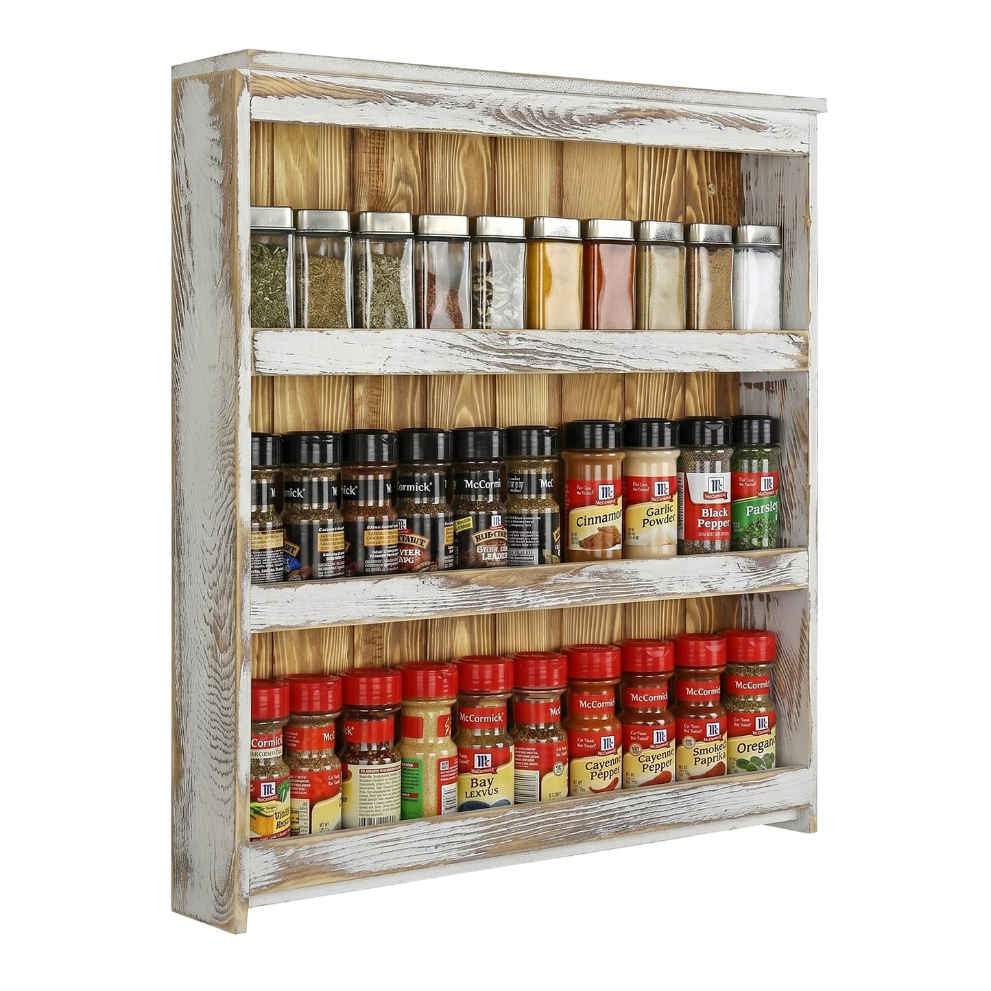 MyGift 3 Tier Spice Rack Wall Mount, Hanging Kitchen Pantry Storage Shelf for Seasoning Jars or Condiment Bottles, Shabby White Washed and Rustic Natural Burnt Solid Wood