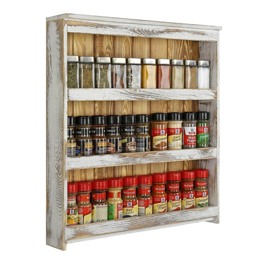 MyGift 3 Tier Spice Rack Wall Mount, Hanging Kitchen Pantry Storage Shelf for Seasoning Jars or Condiment Bottles, Shabby White Washed and Rustic Natural Burnt Solid Wood