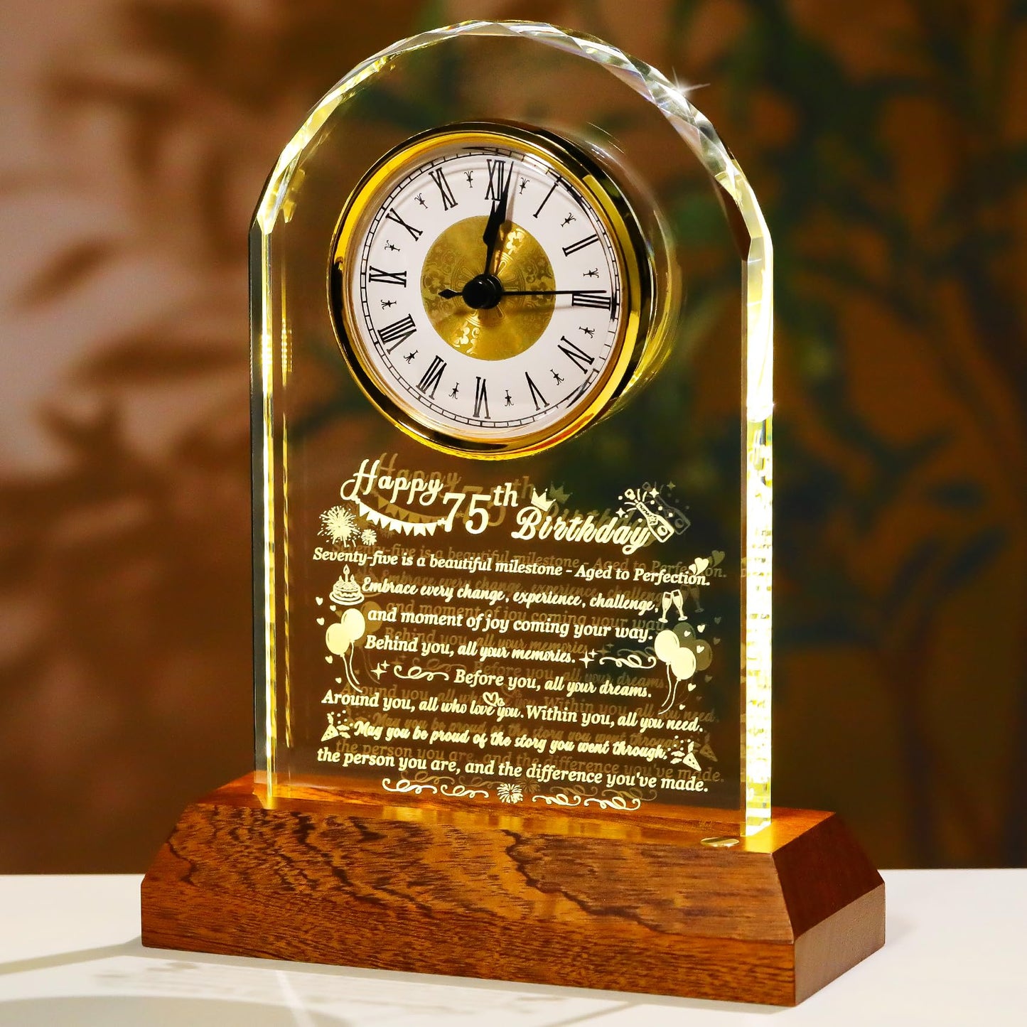Arikyrist Happy 75th Birthday Glass Clock Gifts for Women, Men - 75 Year Old Birthday Gift with Wooden Light Base for Her Him, Turning 75 Quartz Clock Gift Idea for Parents Unique Desk Decoration
