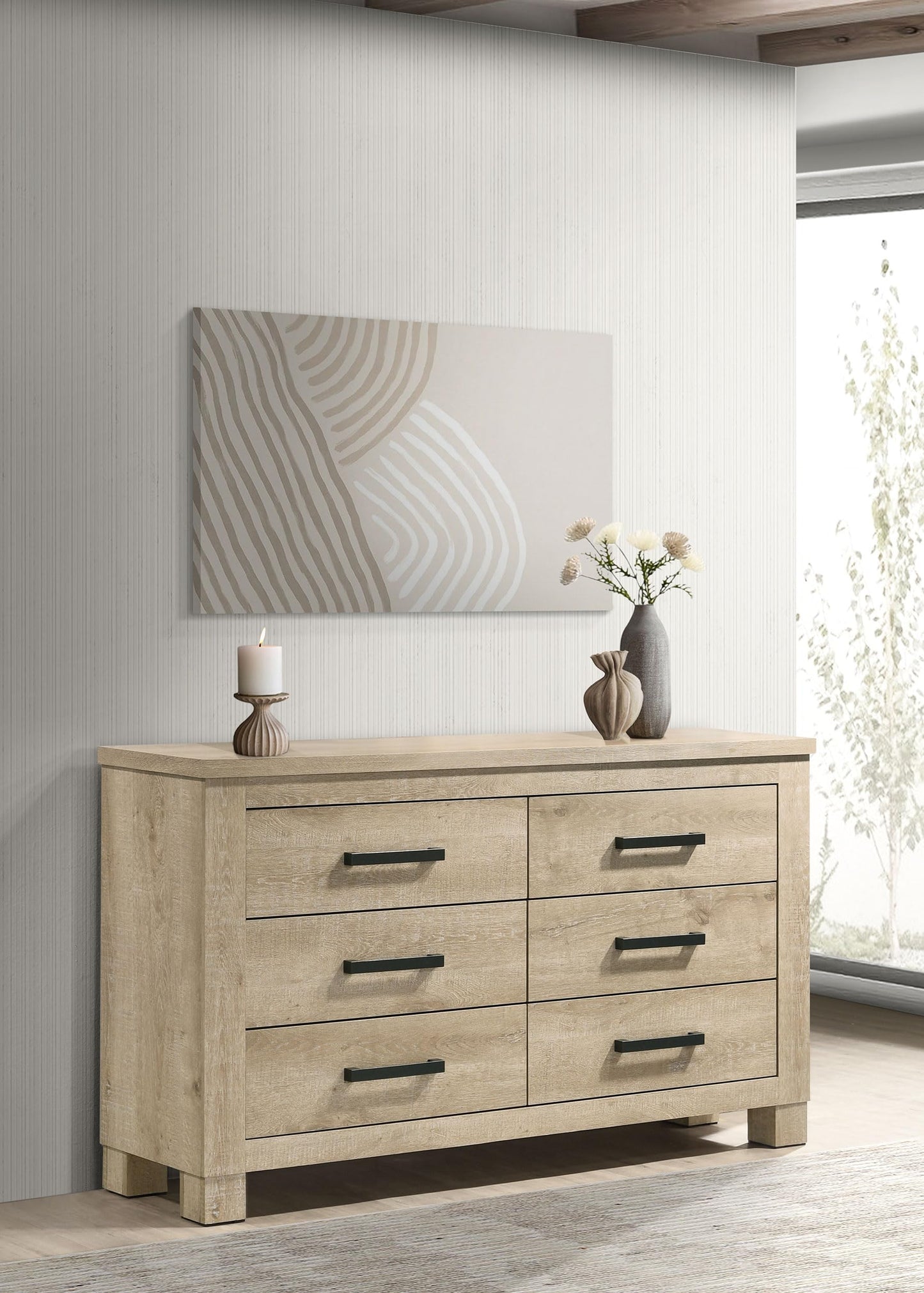 Coaster Home Furnishings - Oakglen - Engineered Wood - 6-Drawer Dresser with Rustic Style, Dark Bronze Handles, Rectangular Shape - Bedroom - Weathered Oak - 225103