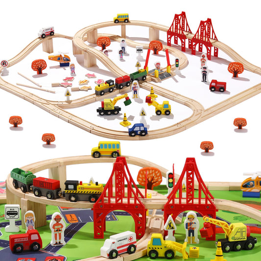 KiToyWod 100 Pcs Wooden Train Track Set, Toy Train with Tracks for Kids Ages 3-10, Compatible with Major Brands, Railway Playset for Boys and Girls Birthday Gift