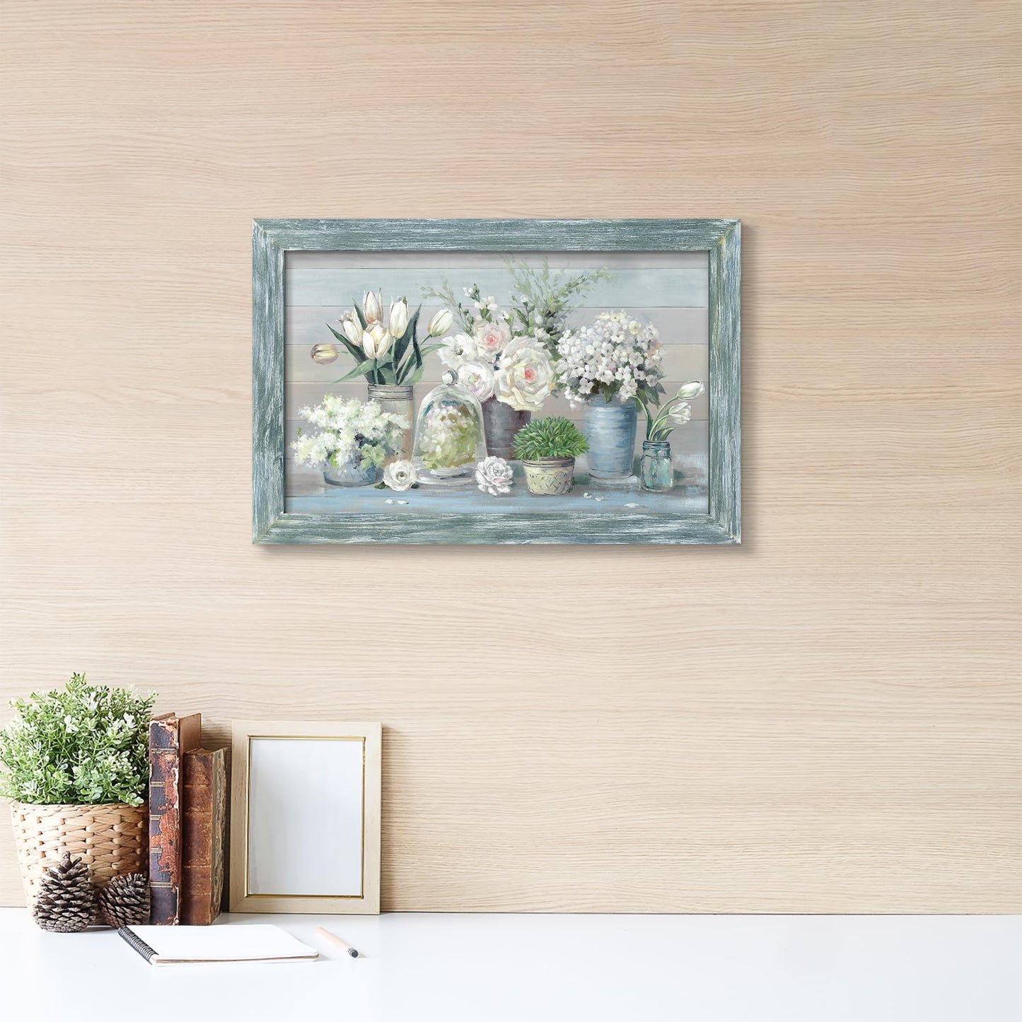 Abstract Bouquet Wooden Framed Artwork: Botanical Flowers in Vase Wall Art Print Painting Modern Floral Nature Plant Picture for Living Room Bedroom Farmhouse