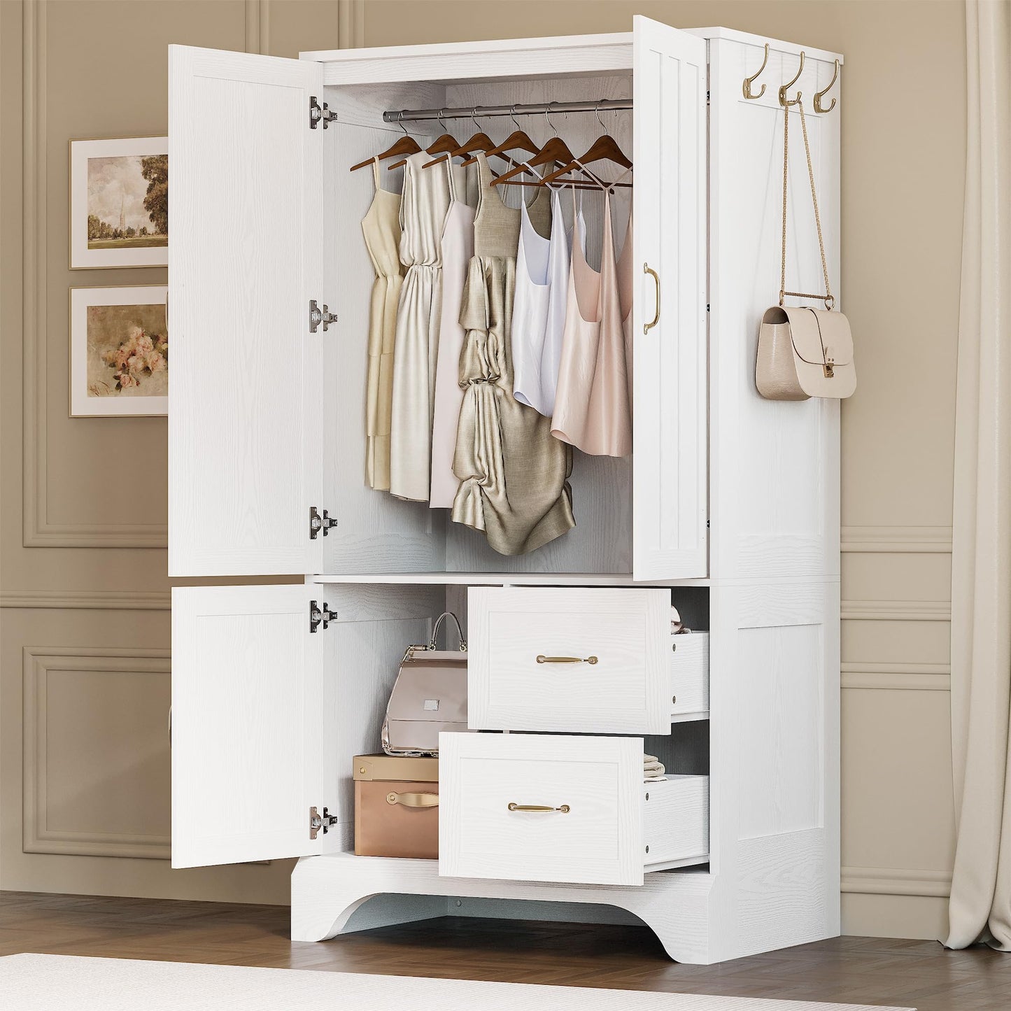 LIKIMIO Armoire Wardrobe Closet with Mirror and 3 Doors and 2 Drawers, Bedroom Wooden Armoire Storage Cabinet Combination with Hanging Rod for Bedroom, White