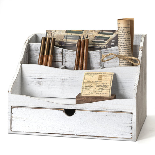 Pine Wood Mail Organizer for Desk - Charming Farmhouse Countertop Mail Sorter for Office Desk & Home Decor - Wooden Letter Organizer with Drawer & Dividers for Room Organization(Whitewash)