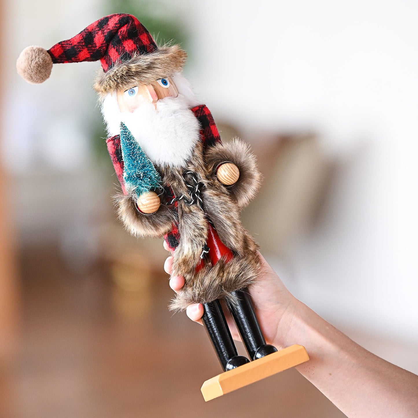 Ornativity Christmas Nostalgic Santa Nutcracker – Red and Black Wooden Nut Cracker Santa Clause Man with Buffalo Brown Fur Plaid Coat Holding a Xmas Tree Themed Holiday Doll Figure Decorations 15"