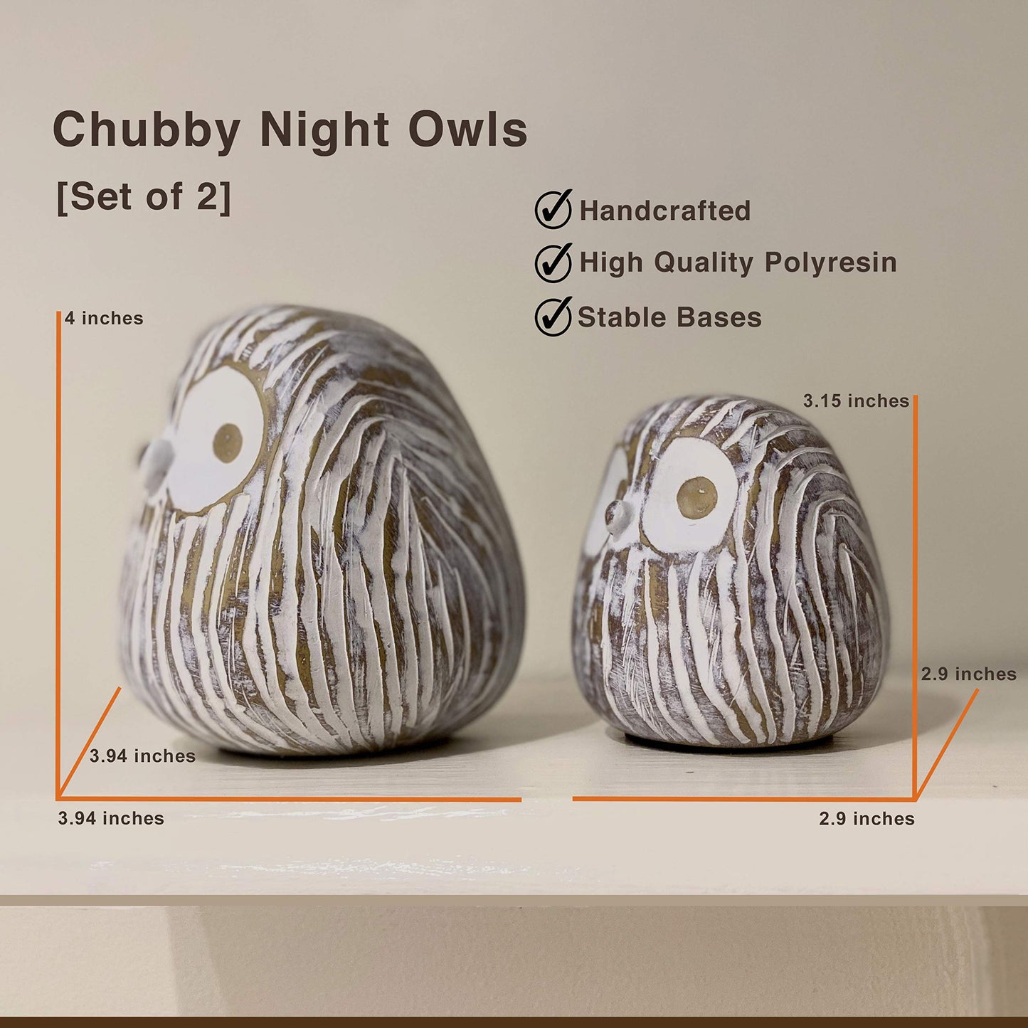 Huey House Chubby Night Owl Decor Statue Sculpture, Bookshelf Decor Accents, Boxed Set of 2, Rustic Brown & White, 3⅛ & 4⅓ Inch Decorative Resin Figurines
